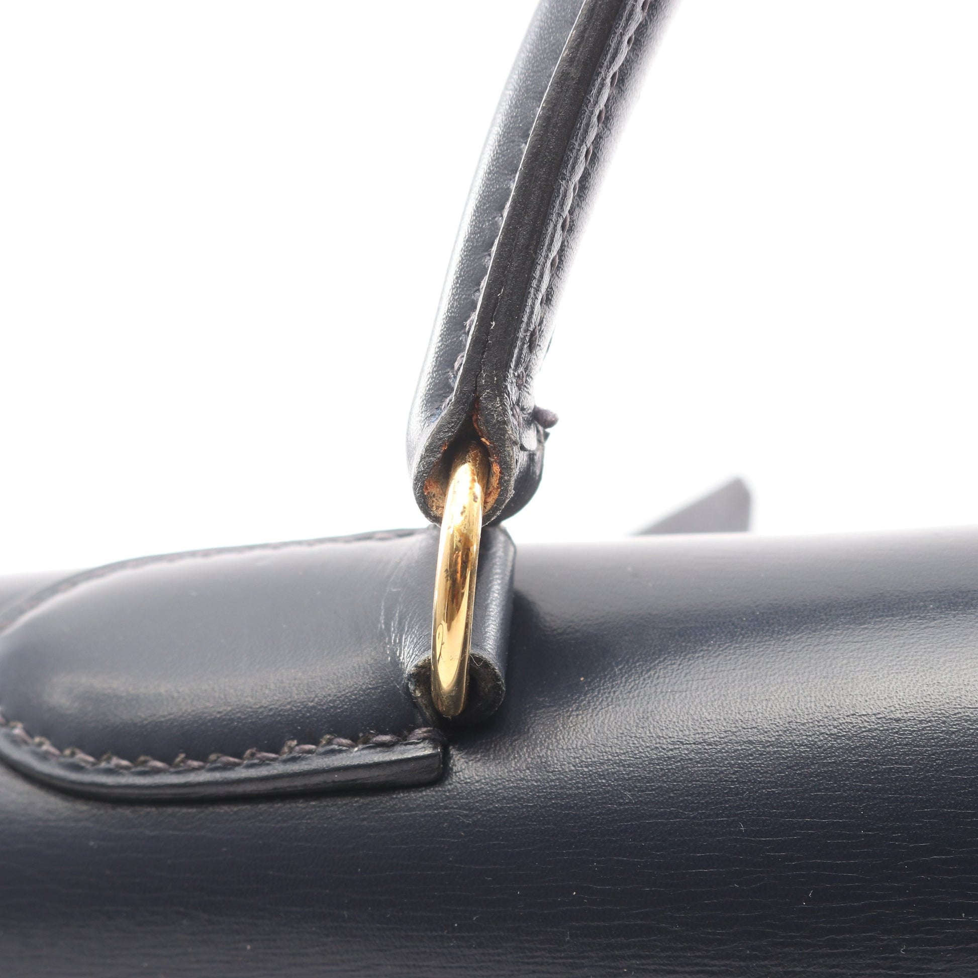 ケリー32 ブルーインディゴ ハンドバッグ ボックスカーフ ダークネイビー ゴールド金具 2WAY 外縫い ○P刻印 エルメス バッグ HERMES