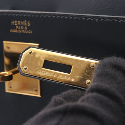 ケリー32 ブルーインディゴ ハンドバッグ ボックスカーフ ダークネイビー ゴールド金具 2WAY 外縫い ○P刻印 エルメス バッグ HERMES