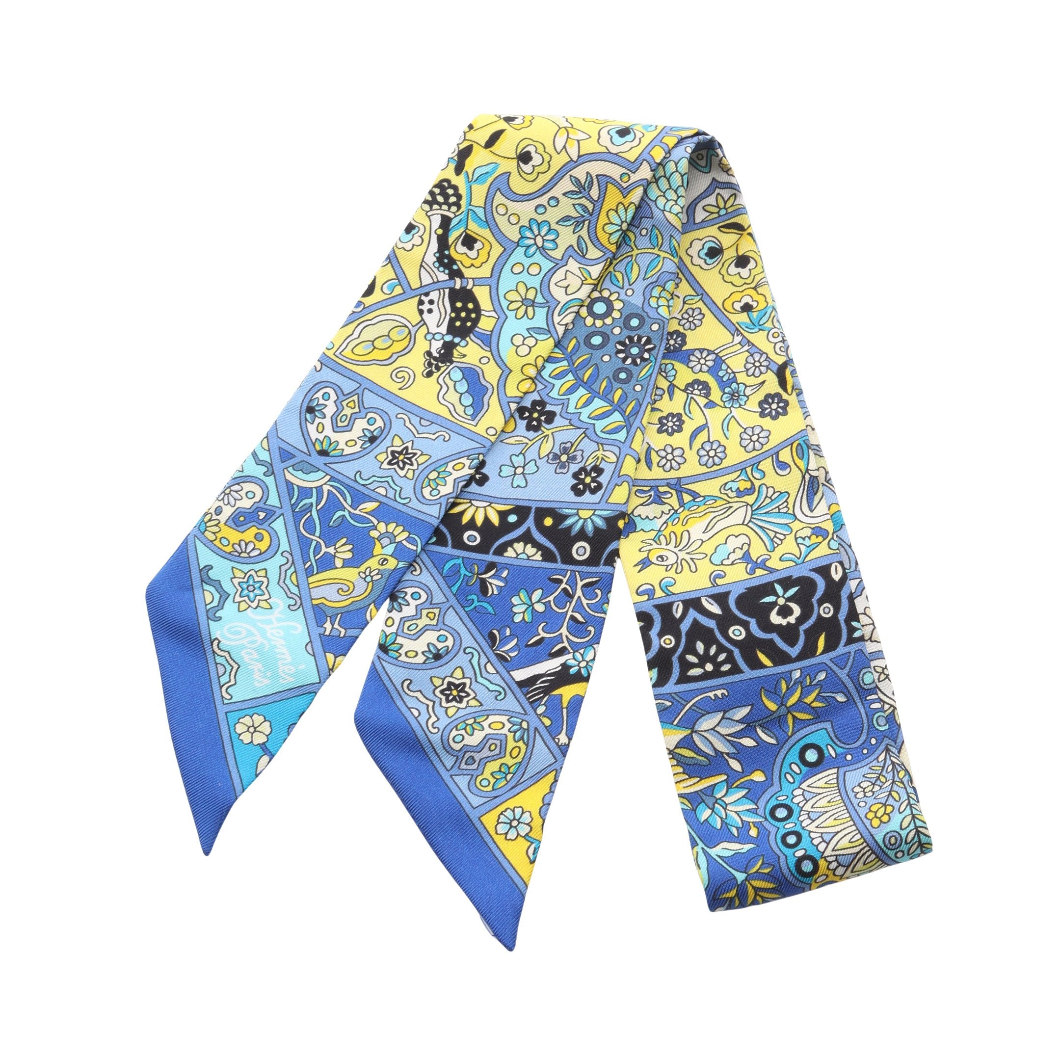 ツイリー Au Pays des Oiseaux Fleurs リボン スカーフ シルク ブルー