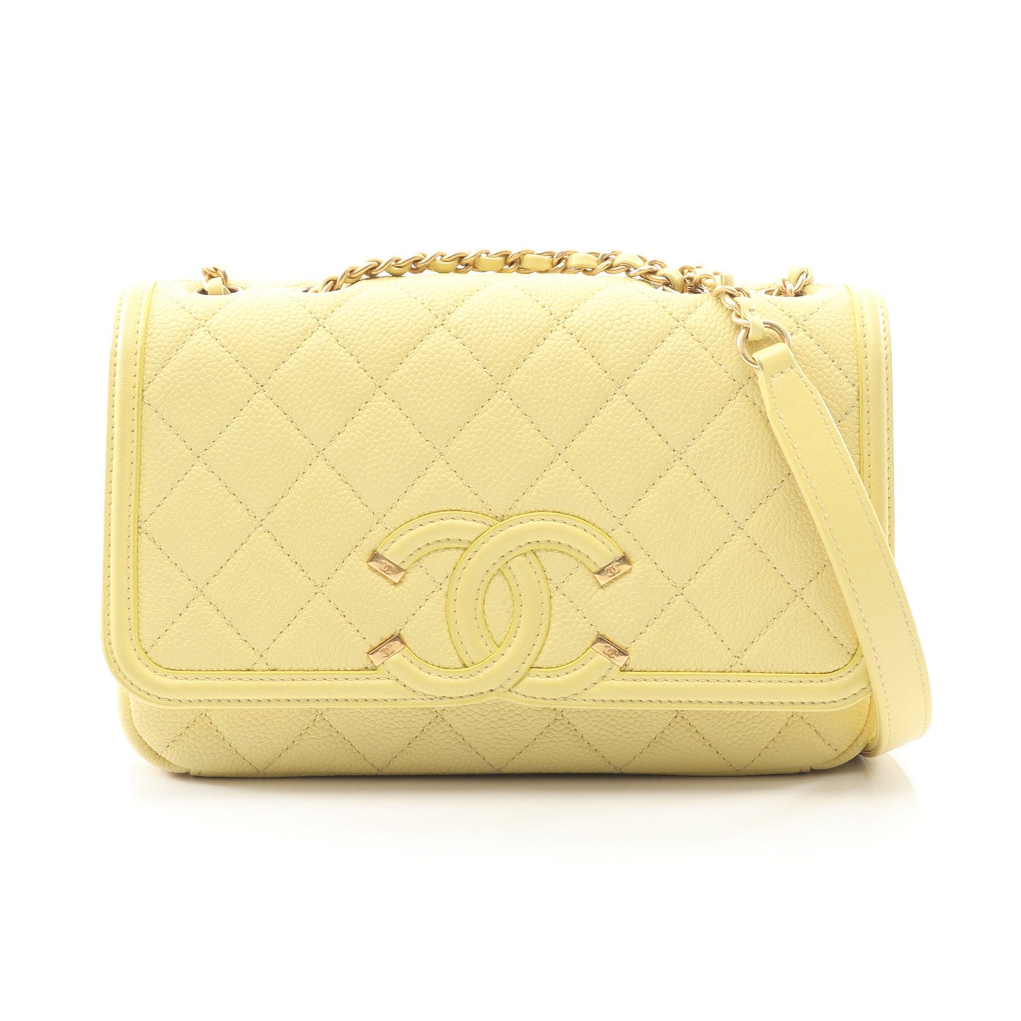 CCフィリグリー チェーンショルダーバッグ キャビアスキン ライトイエロー ゴールド金具 シャネル バッグ CHANEL