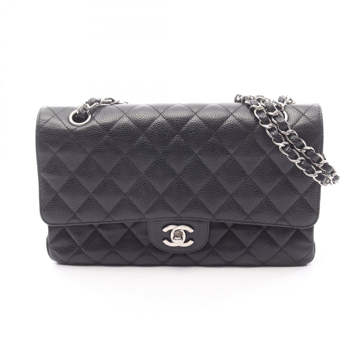マトラッセ Wフラップ Wチェーンショルダーバッグ キャビアスキン ブラック シルバー金具 シャネル バッグ CHANEL