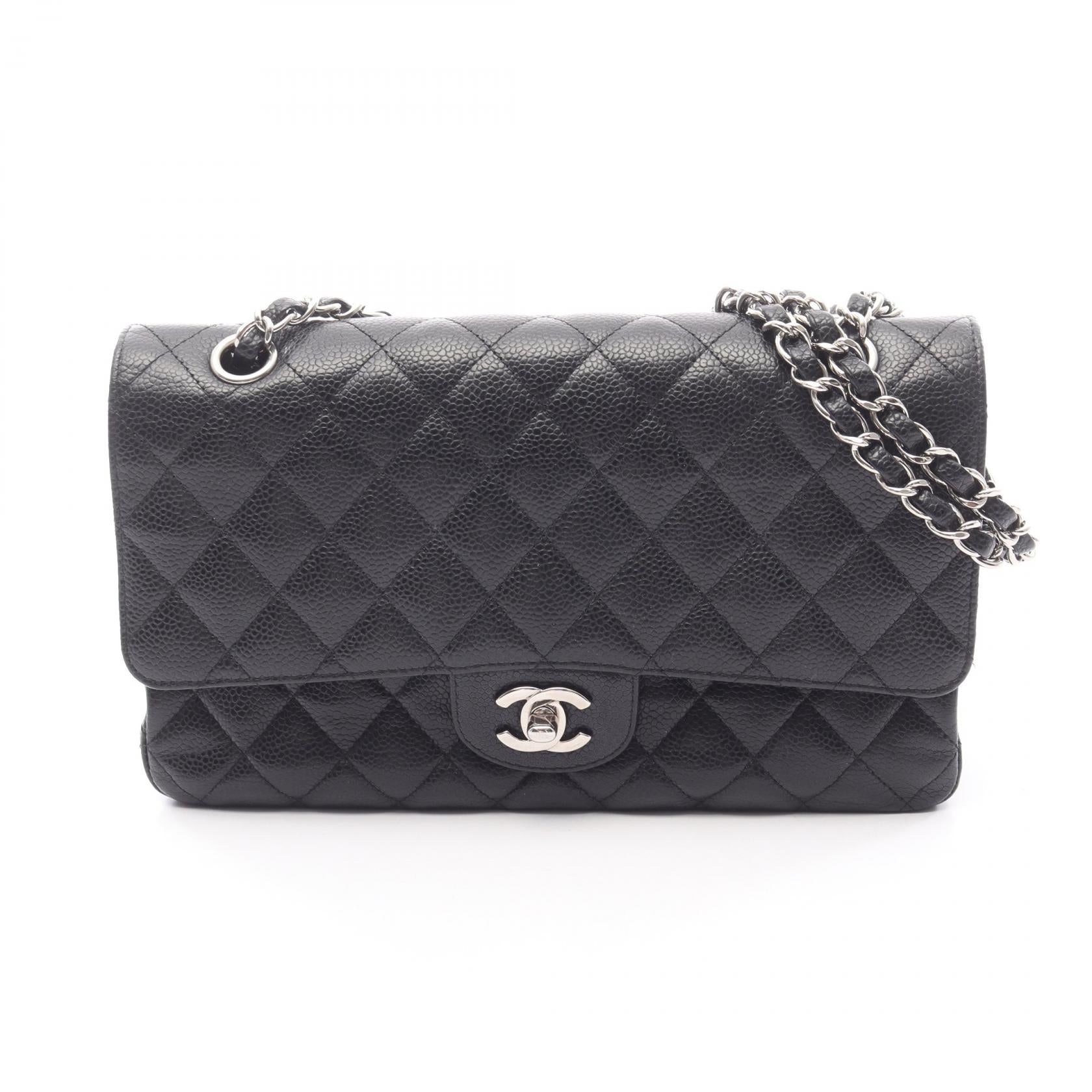 マトラッセ Wフラップ Wチェーンショルダーバッグ キャビアスキン ブラック シルバー金具 シャネル バッグ CHANEL