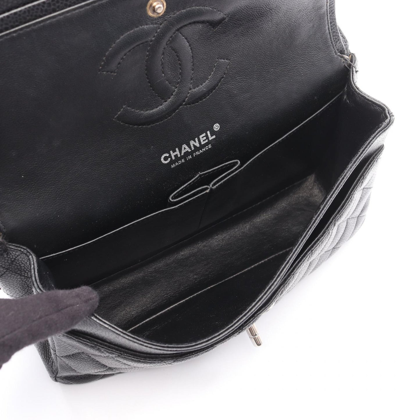 マトラッセ Wフラップ Wチェーンショルダーバッグ キャビアスキン ブラック シルバー金具 シャネル バッグ CHANEL
