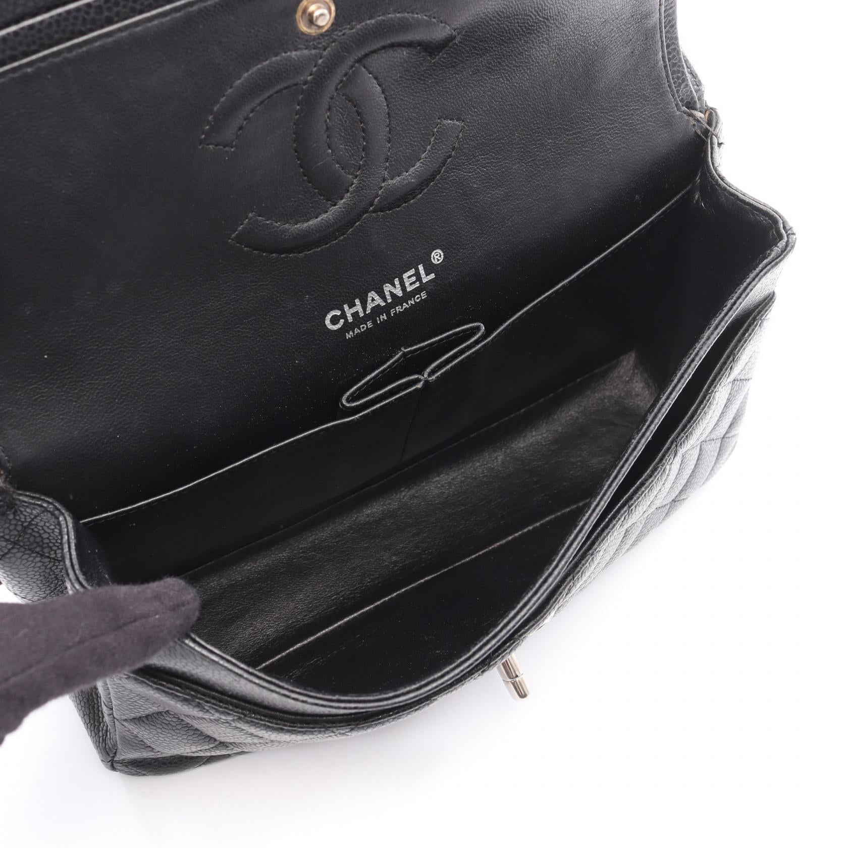 マトラッセ Wフラップ Wチェーンショルダーバッグ キャビアスキン ブラック シルバー金具 シャネル バッグ CHANEL