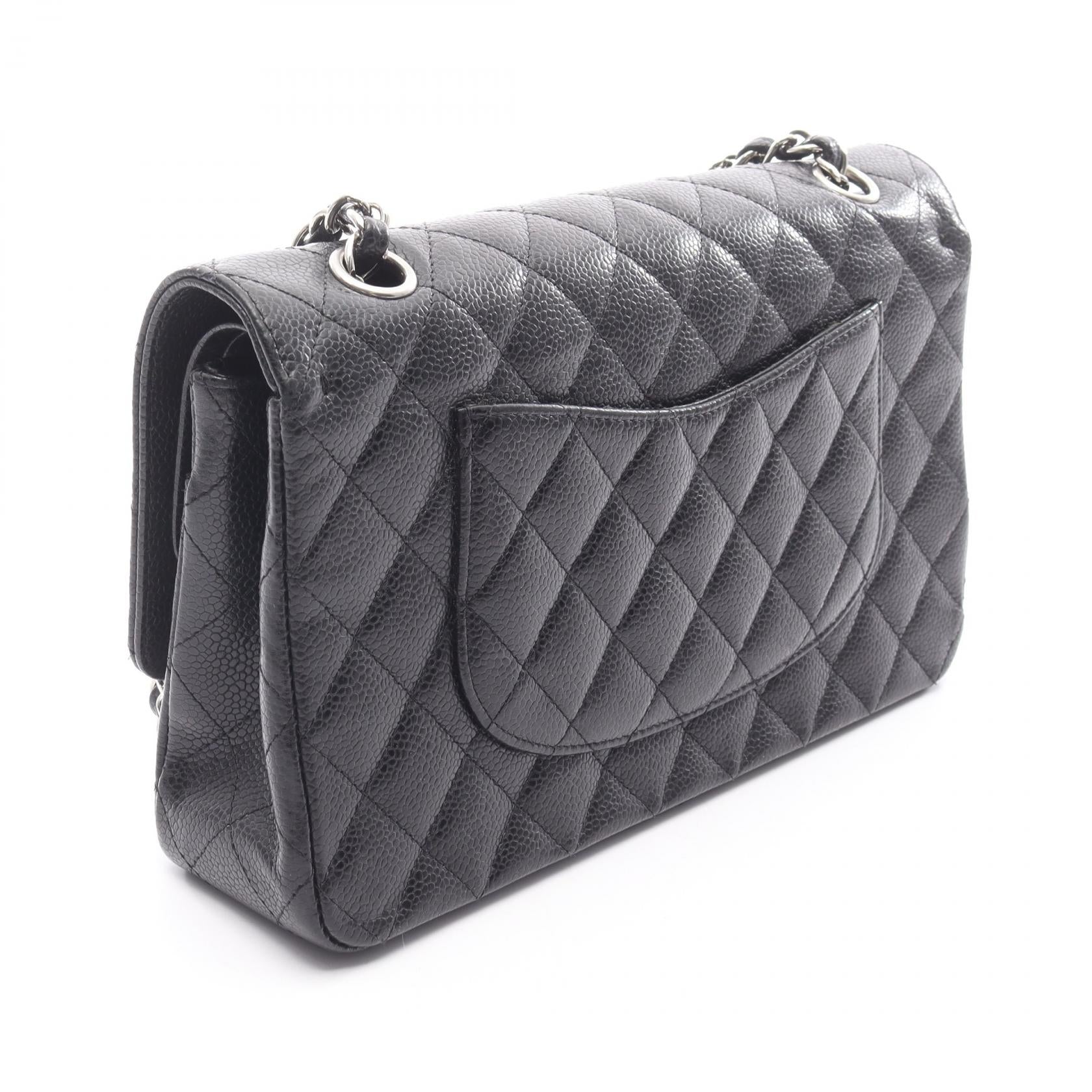 マトラッセ Wフラップ Wチェーンショルダーバッグ キャビアスキン ブラック シルバー金具 シャネル バッグ CHANEL