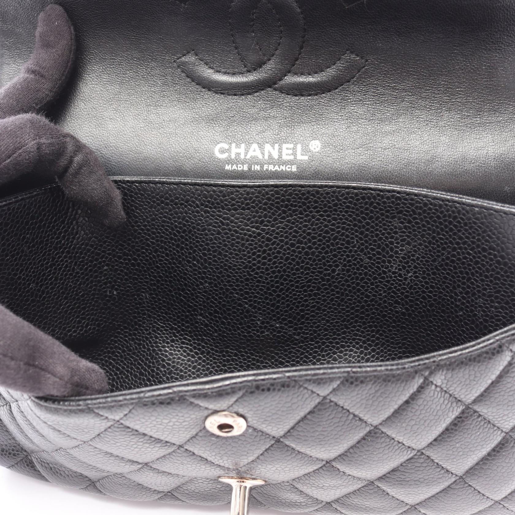 マトラッセ Wフラップ Wチェーンショルダーバッグ キャビアスキン ブラック シルバー金具 シャネル バッグ CHANEL