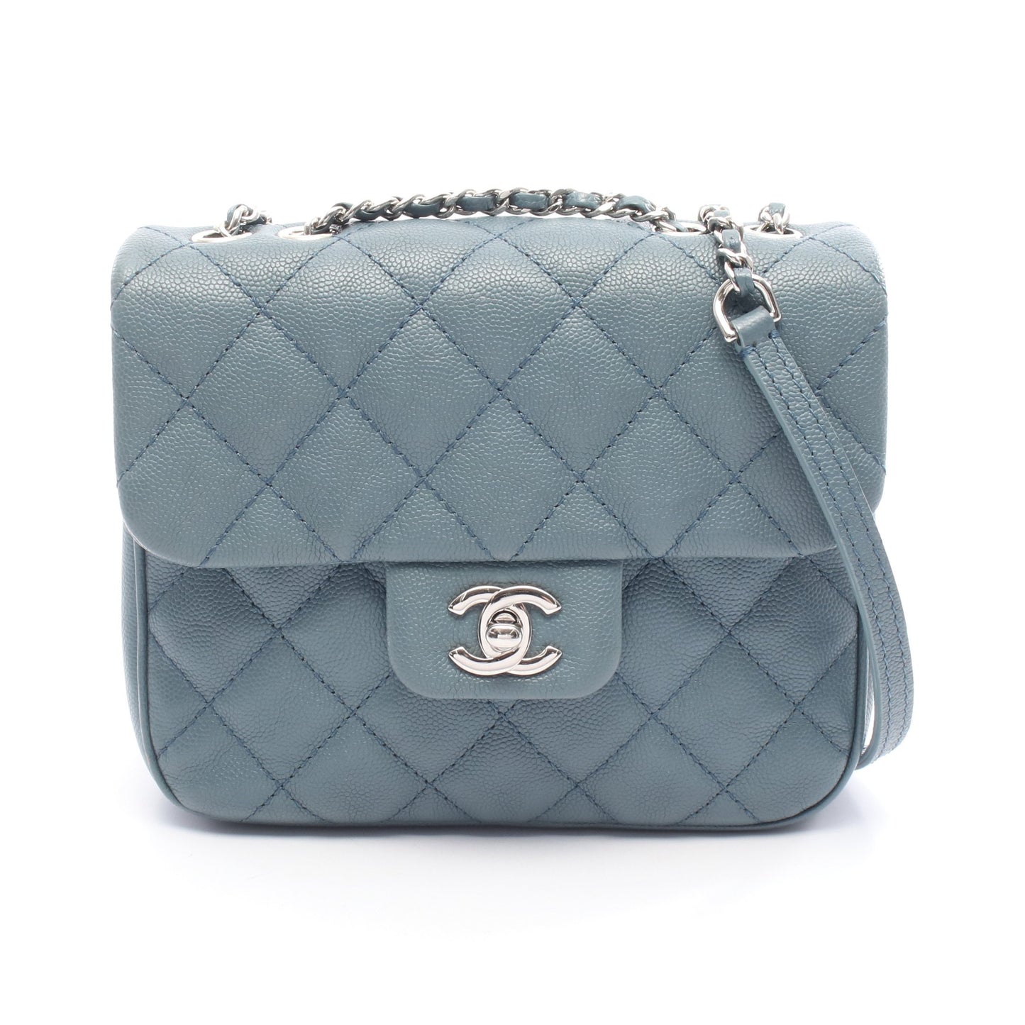 ミニマトラッセ チェーンショルダーバッグ キャビアスキン ブルーグレー シルバー金具 シャネル バッグ CHANEL