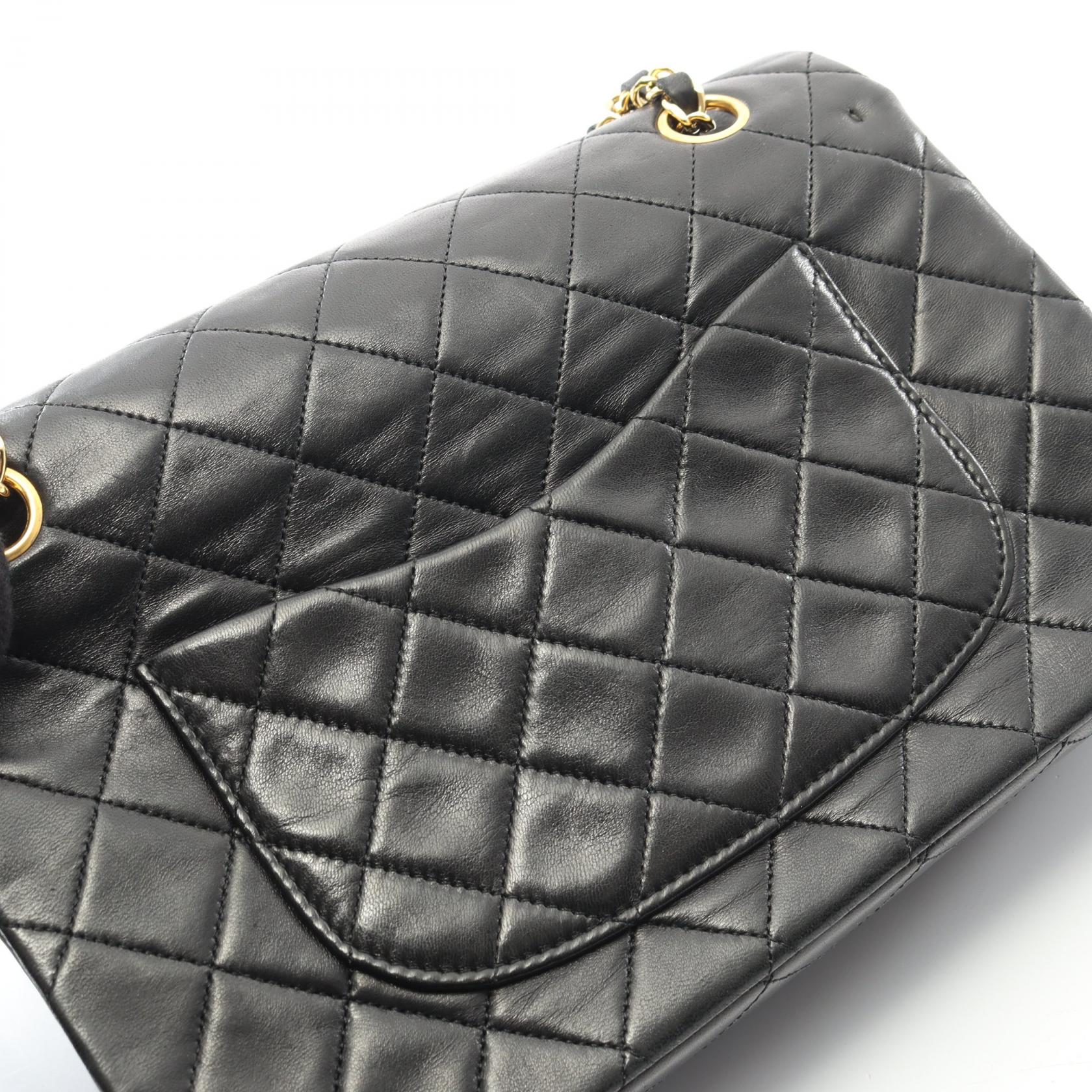 マトラッセ Wフラップ Wチェーンショルダーバッグ ラムスキン ブラック ゴールド金具 ヴィンテージ シャネル バッグ CHANEL