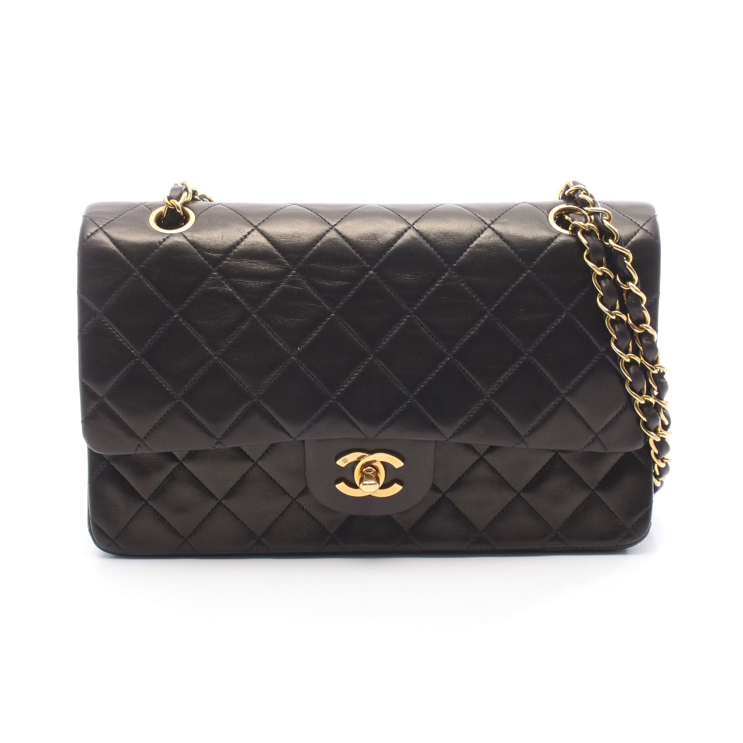 マトラッセ Wフラップ Wチェーンショルダーバッグ ラムスキン ブラック ゴールド金具 シャネル バッグ CHANEL