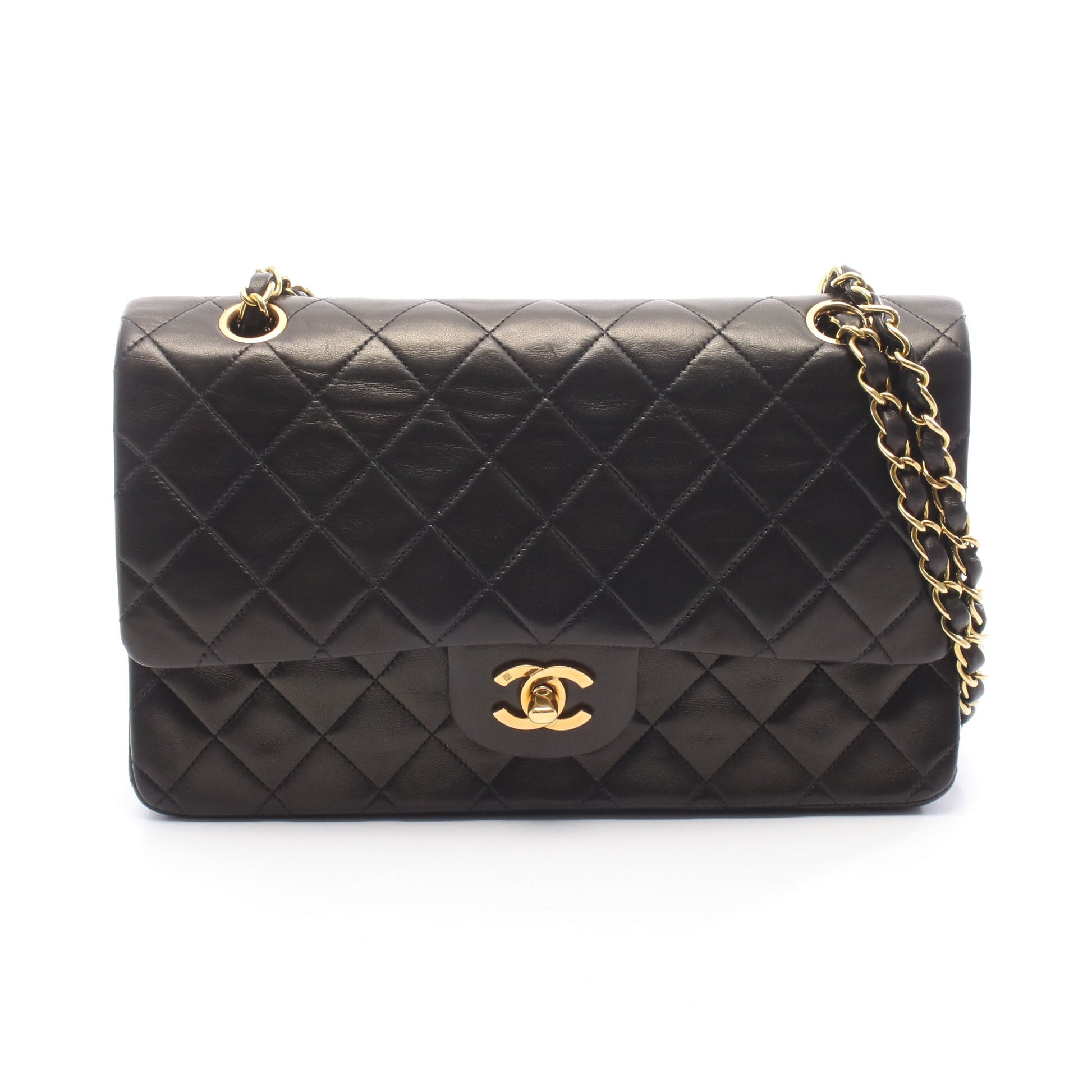 マトラッセ Wフラップ Wチェーンショルダーバッグ ラムスキン ブラック ゴールド金具 シャネル バッグ CHANEL