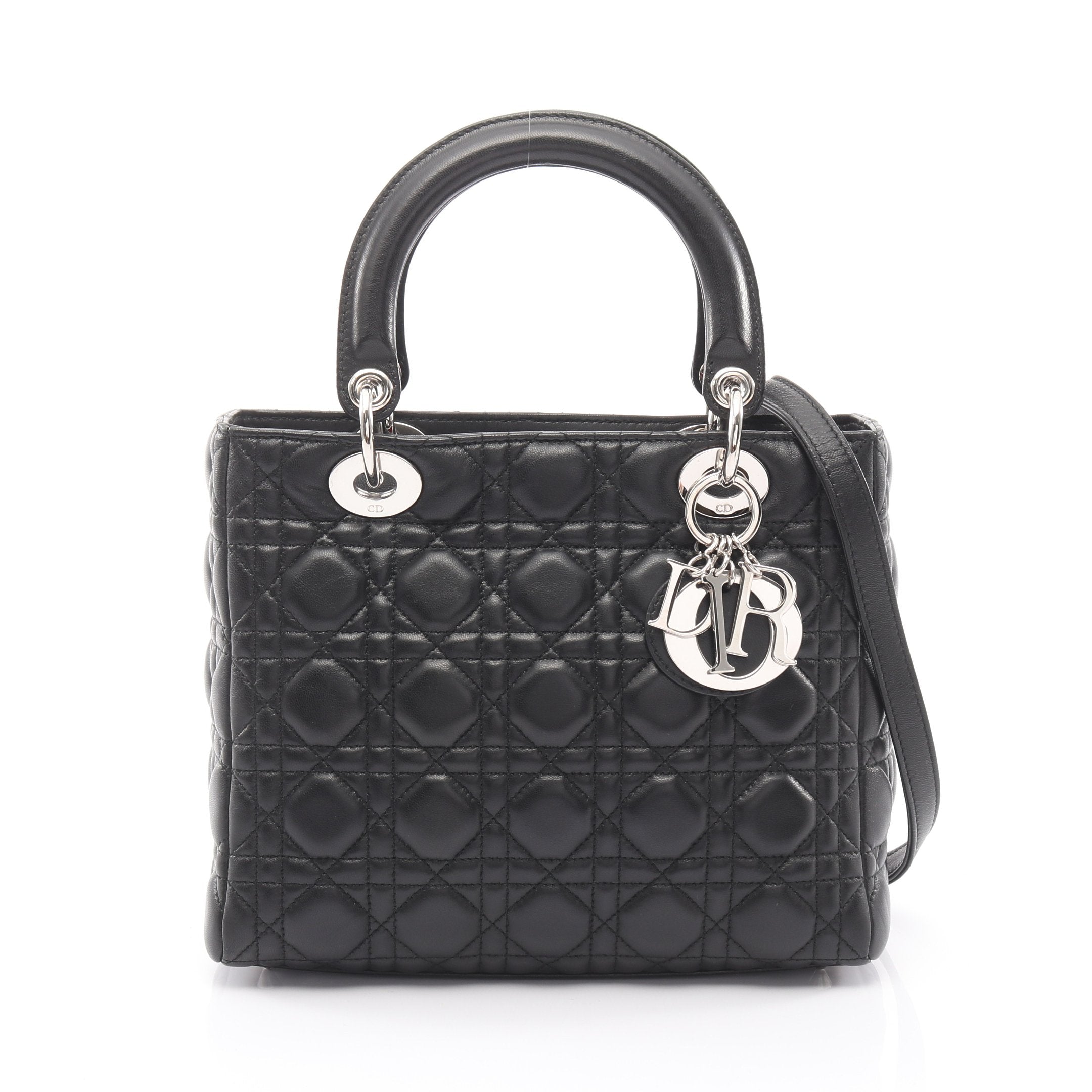 ディオール カナージュ レディディオ−ル ハンドバッグ ショルダーバッグ 2WAY ブラック レザー レディース Dior 【中古】 LADY DIOR レディディオール カナージュ ハンドバッグ レザー ブラック