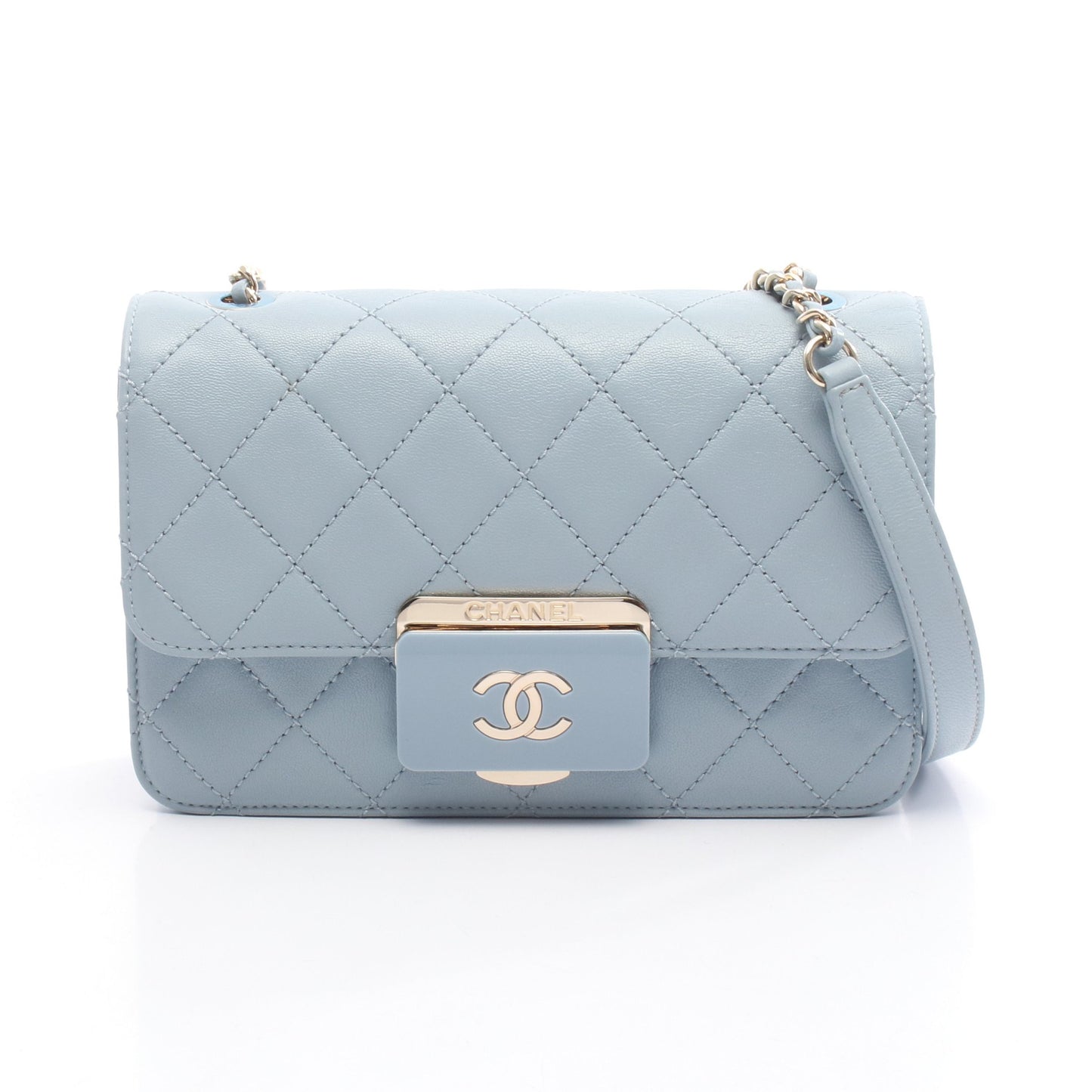 ビューティーロック ミニマトラッセ チェーンショルダーバッグ レザー ライトブルー ゴールド金具 シャネル バッグ CHANEL