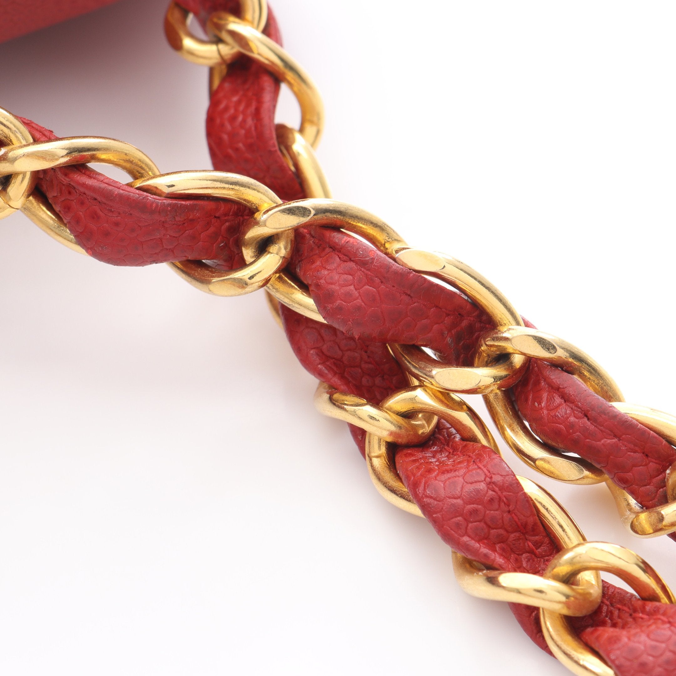 バイアスステッチ Wチェーンショルダーバッグ キャビアスキン レッド