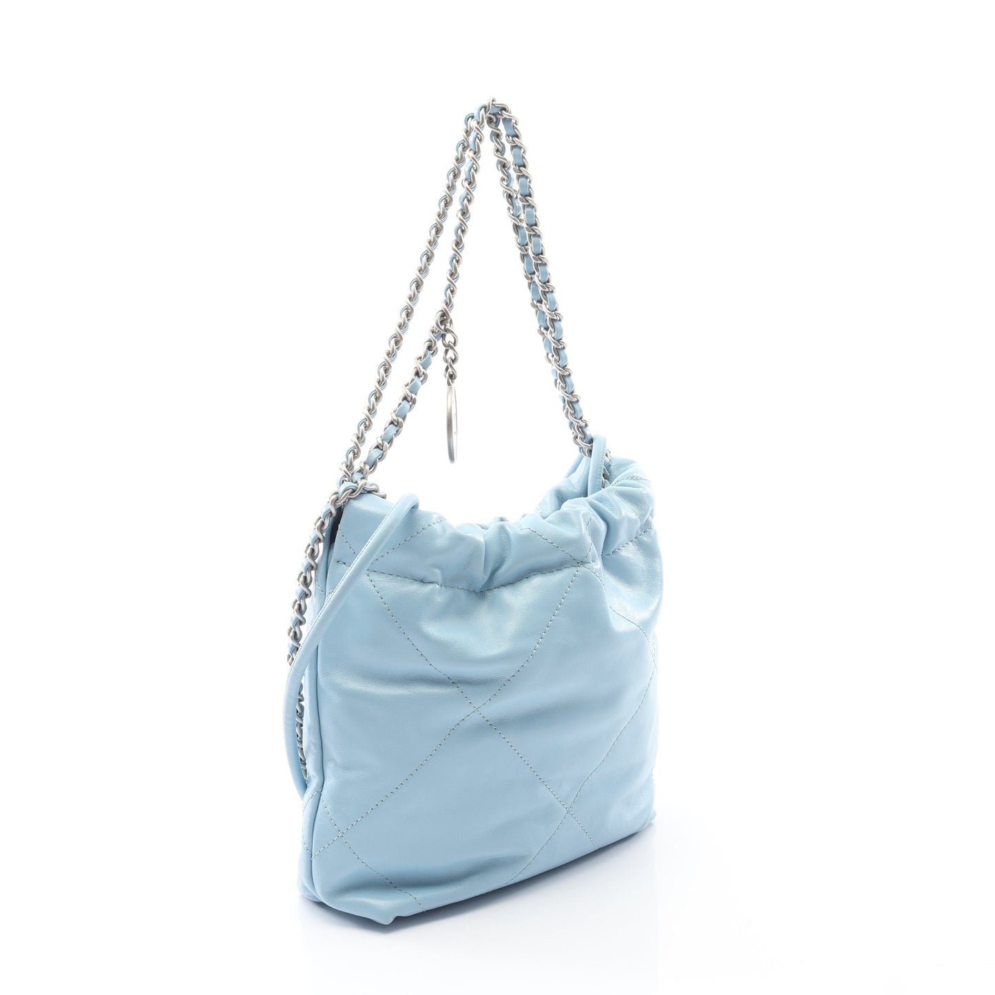 CHANEL 22 ミニ チェーンショルダーバッグ レザー ライトブルー シルバー金具 2WAY シャネル バッグ CHANEL