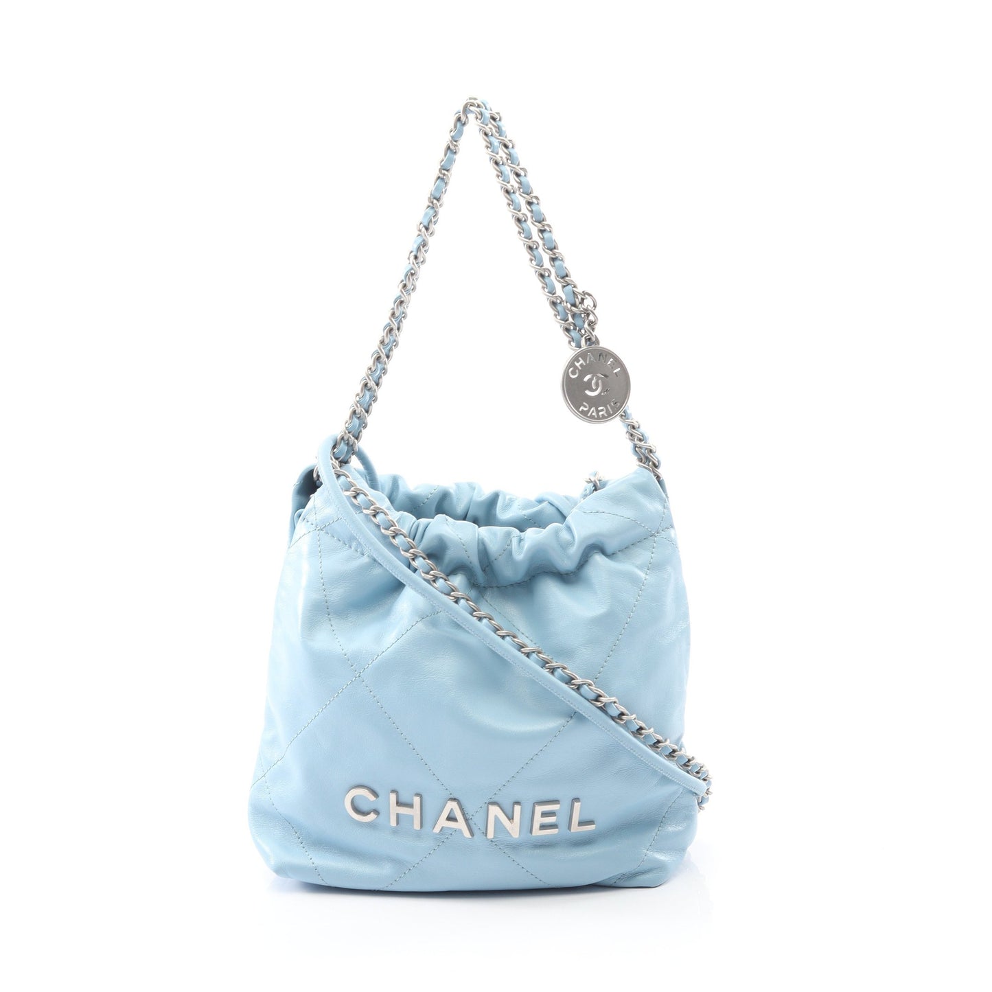CHANEL 22 ミニ チェーンショルダーバッグ レザー ライトブルー シルバー金具 2WAY シャネル バッグ CHANEL