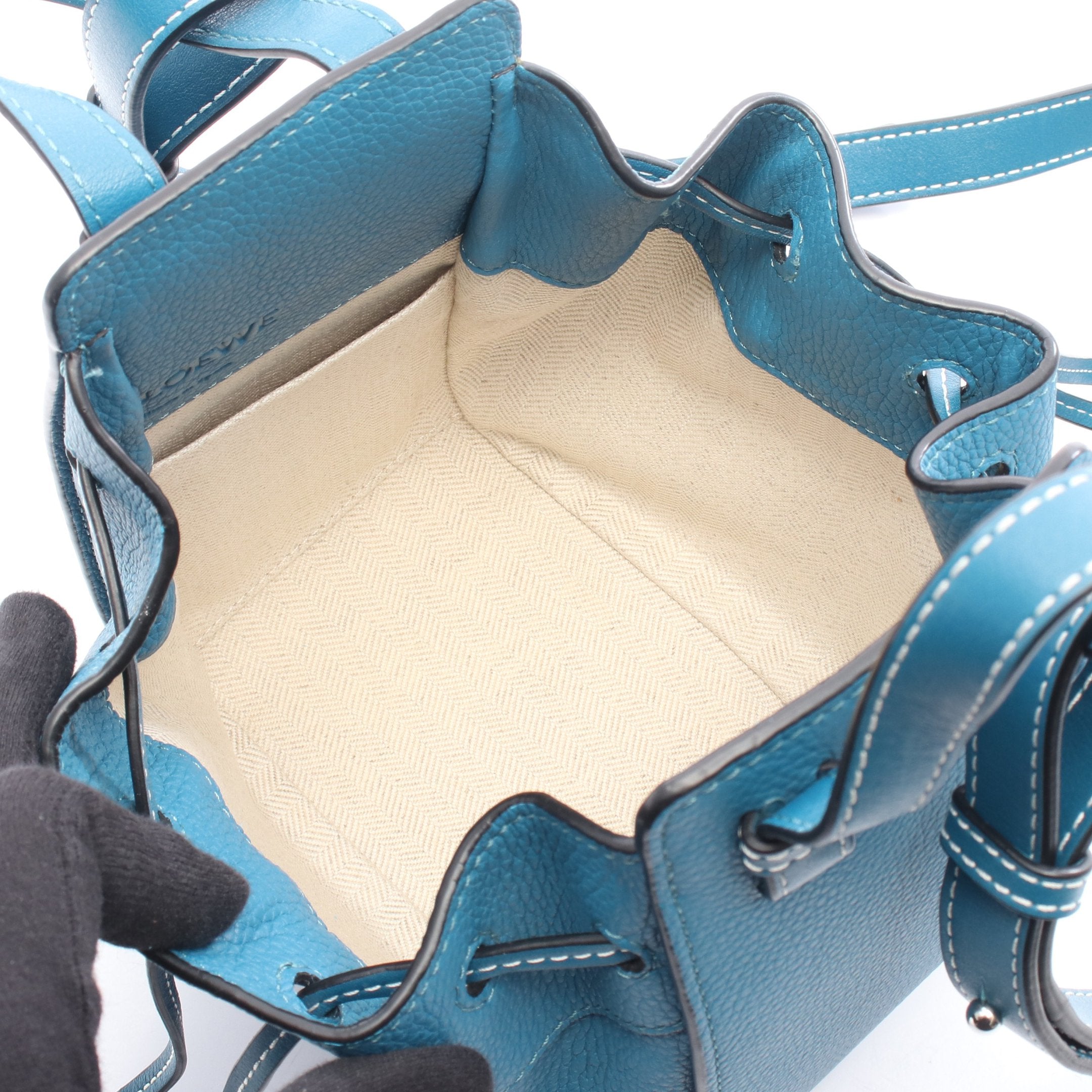 ハンモック ドローストリングバッグ ミニ ハンドバッグ レザー ブルー