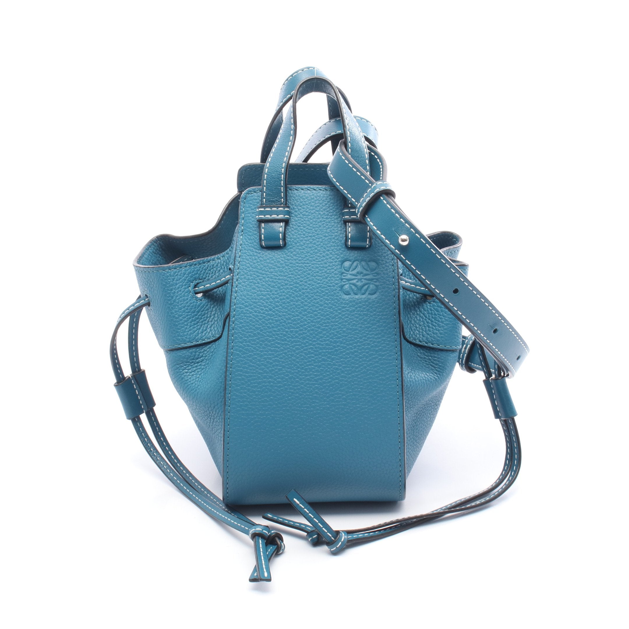 ハンモック ドローストリングバッグ ミニ ハンドバッグ レザー ブルー