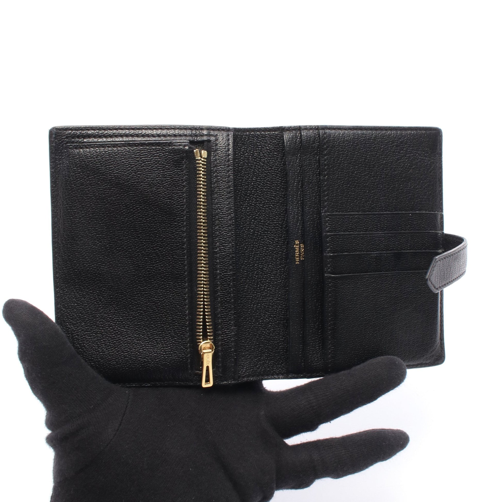 ベアンコンパクト 二つ折り財布 シェーブル ブラック ゴールド金具 C刻印 エルメス 財布・小物 HERMES