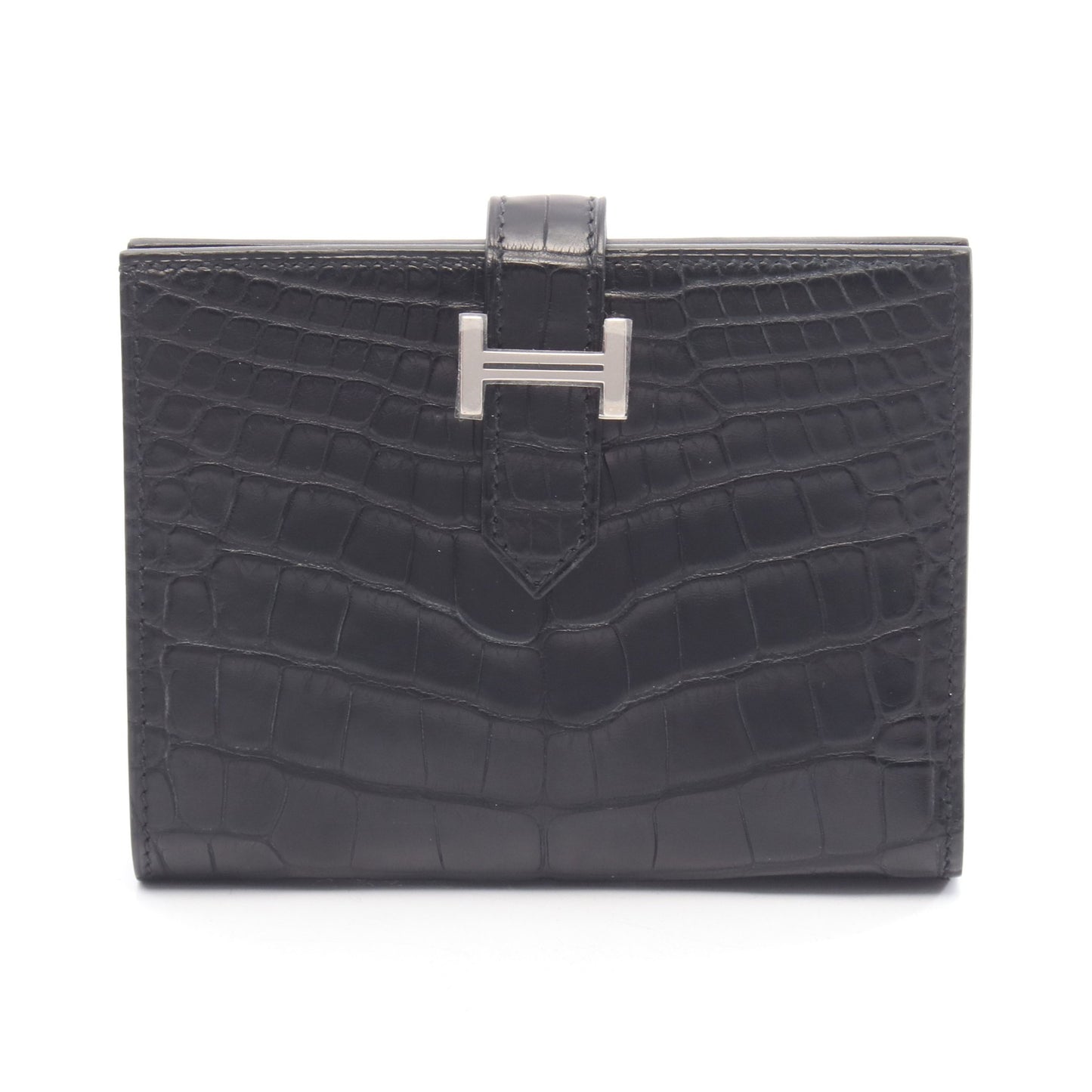 ベアンコンパクト 二つ折り財布 アリゲーターマット ブラック シルバー金具 Z刻印 エルメス 財布・小物 HERMES