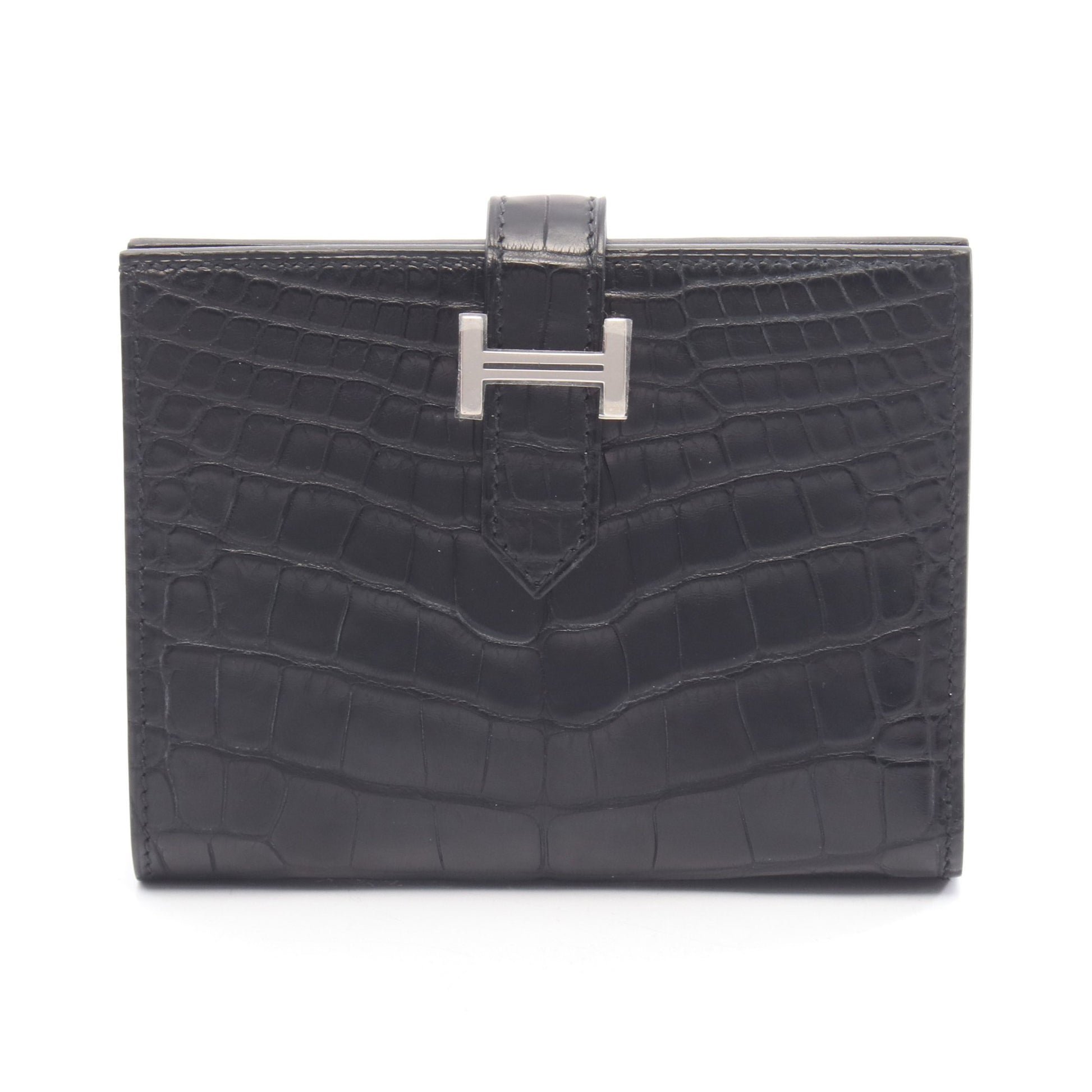 ベアンコンパクト 二つ折り財布 アリゲーターマット ブラック シルバー金具 Z刻印 エルメス 財布・小物 HERMES