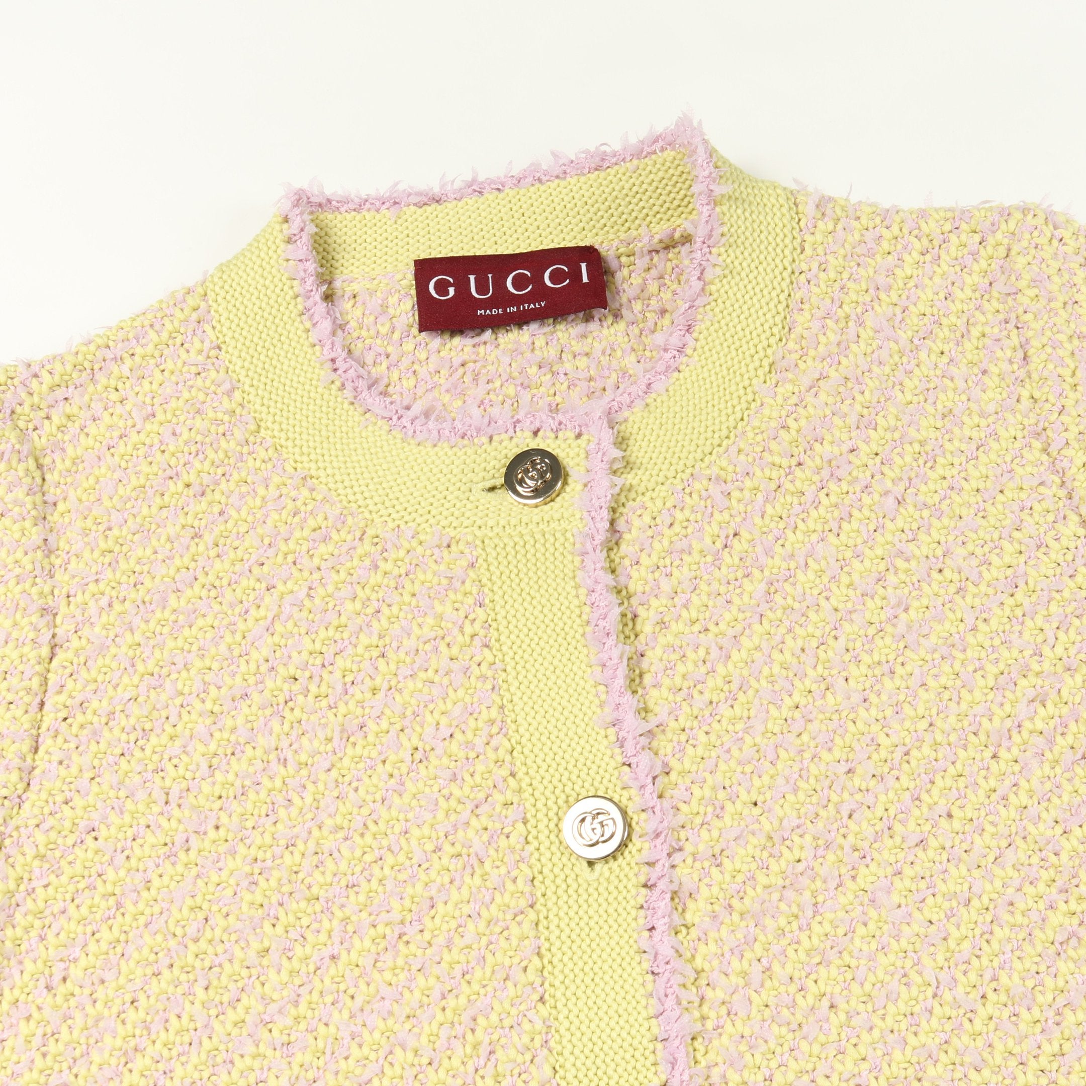 ダブルGボタン ツイード カーディガン コットン イエロー ピンク