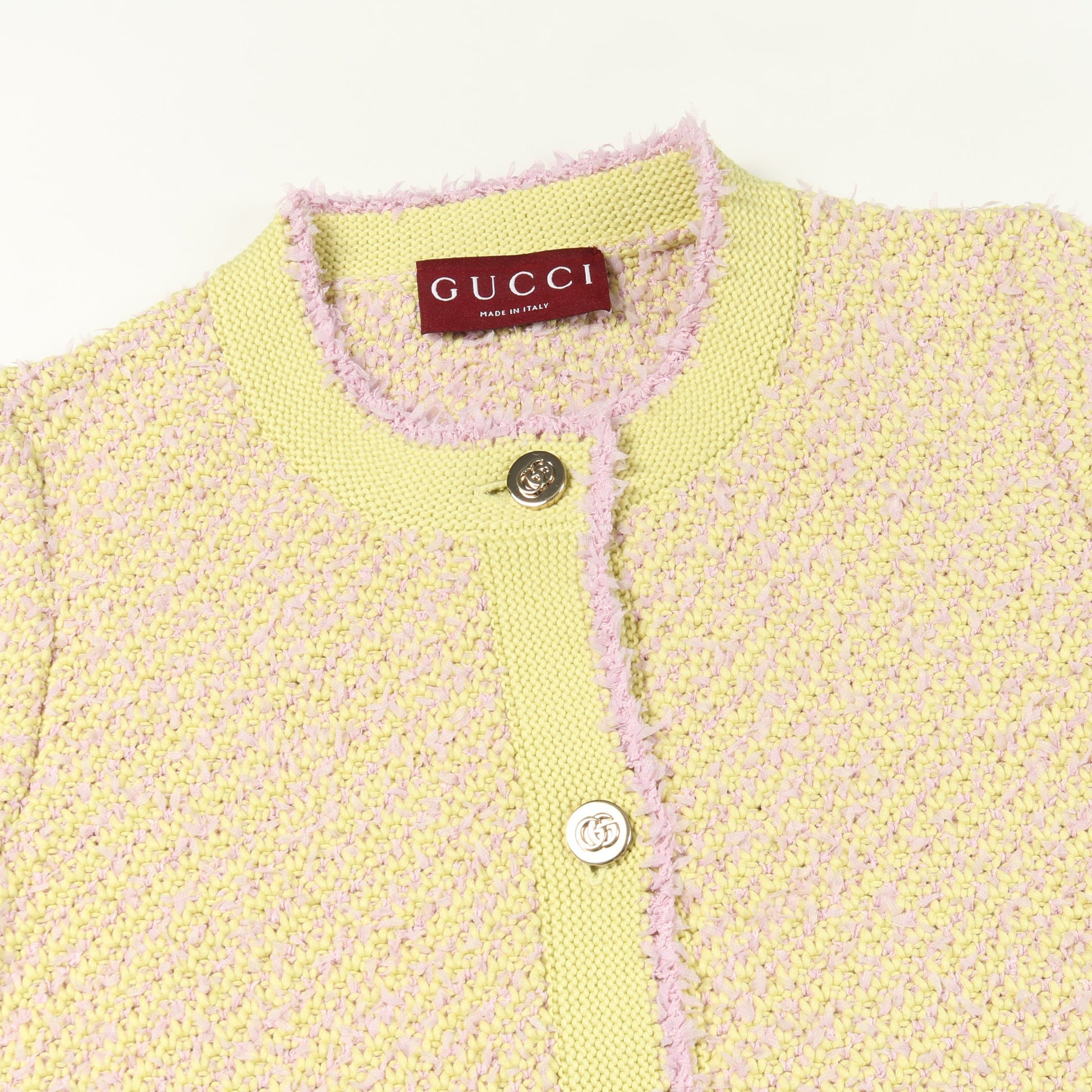 ダブルGボタン ツイード カーディガン コットン イエロー ピンク グッチ トップス GUCCI