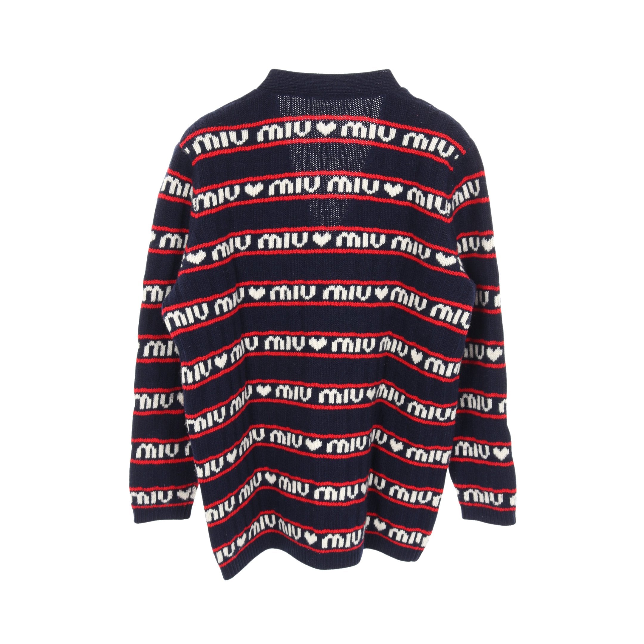 未使用品 ミュウミュウ MIU MIU カーディガン ボーダー ロゴ ニット ロゴ ボーダー カーディガン ウール ネイビー ホワイト レッド ミュウ