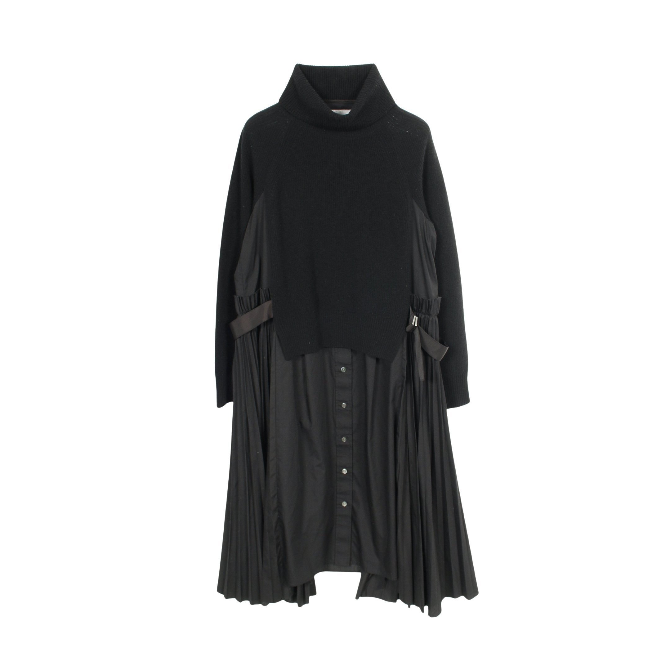 ニット ドッキング ワンピース タートルネック ウール ブラック