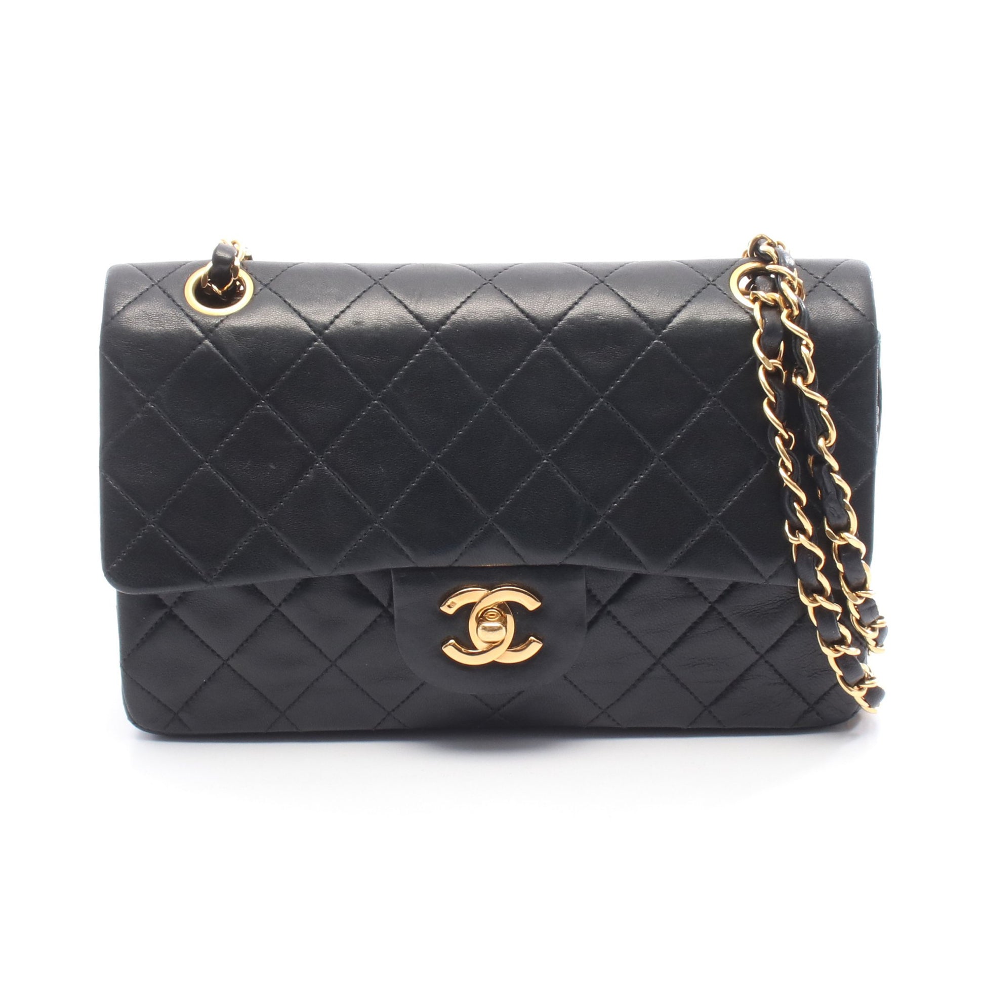マトラッセ Wフラップ Wチェーンショルダーバッグ ラムスキン ブラック ゴールド金具 シャネル バッグ CHANEL