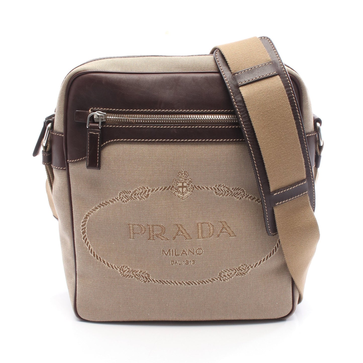 ロゴジャガード ショルダーバッグ キャンバス レザー ベージュ ダークブラウン プラダ バッグ PRADA