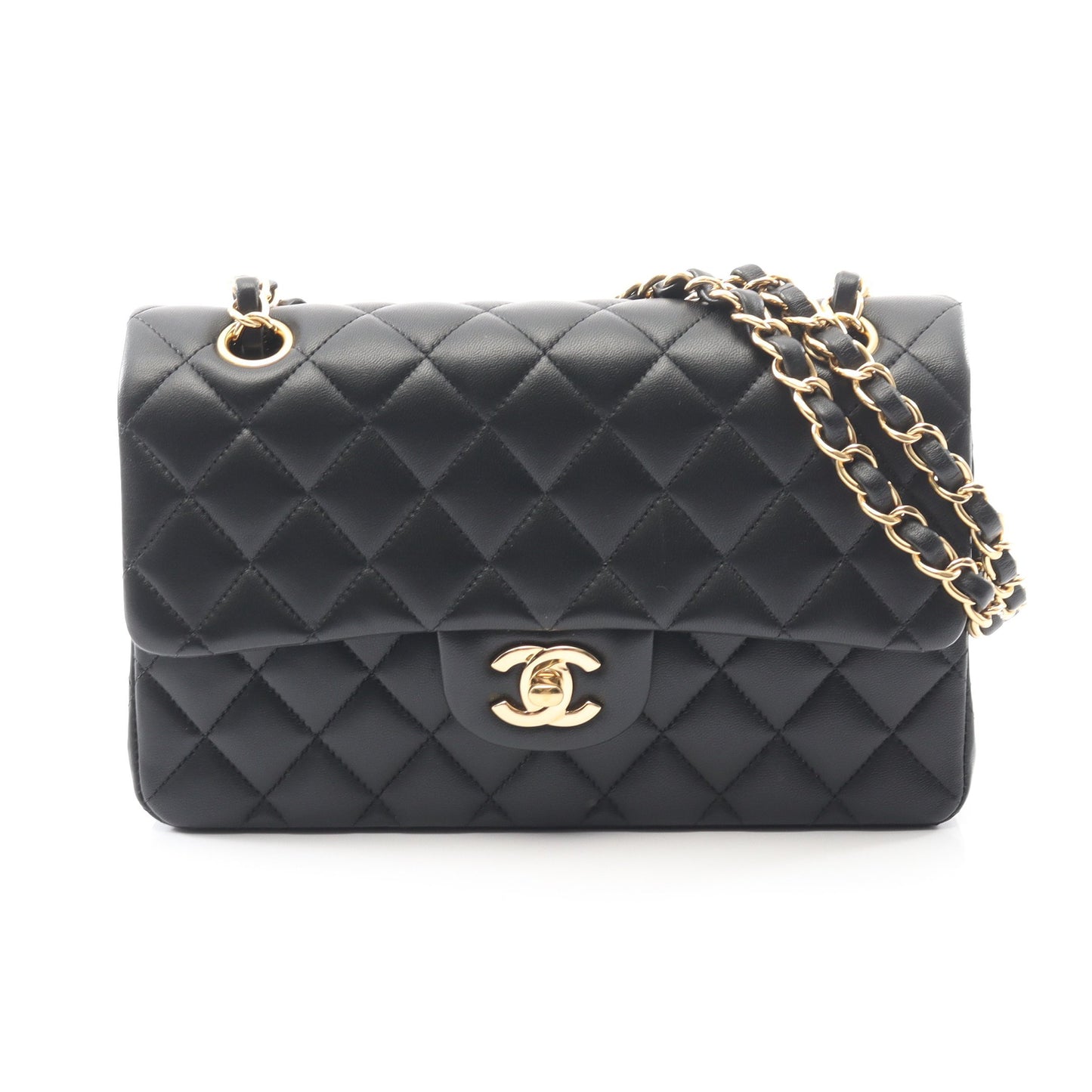 マトラッセ Wフラップ Wチェーンショルダーバッグ ラムスキン ブラック ゴールド金具 シャネル バッグ CHANEL