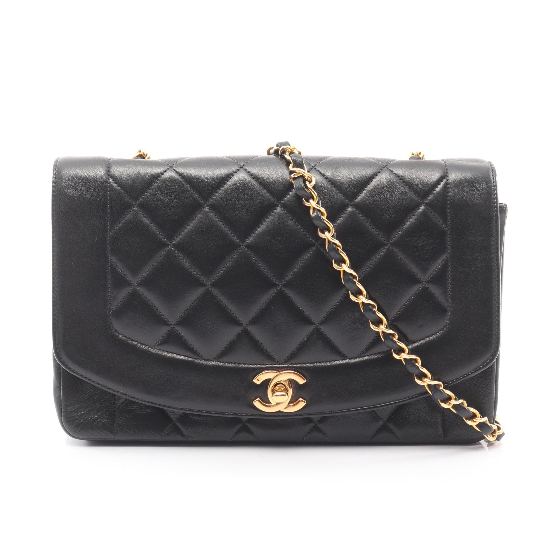 マトラッセ ダイアナフラップ チェーンショルダーバッグ ラムスキン ブラック ゴールド金具 シャネル バッグ CHANEL