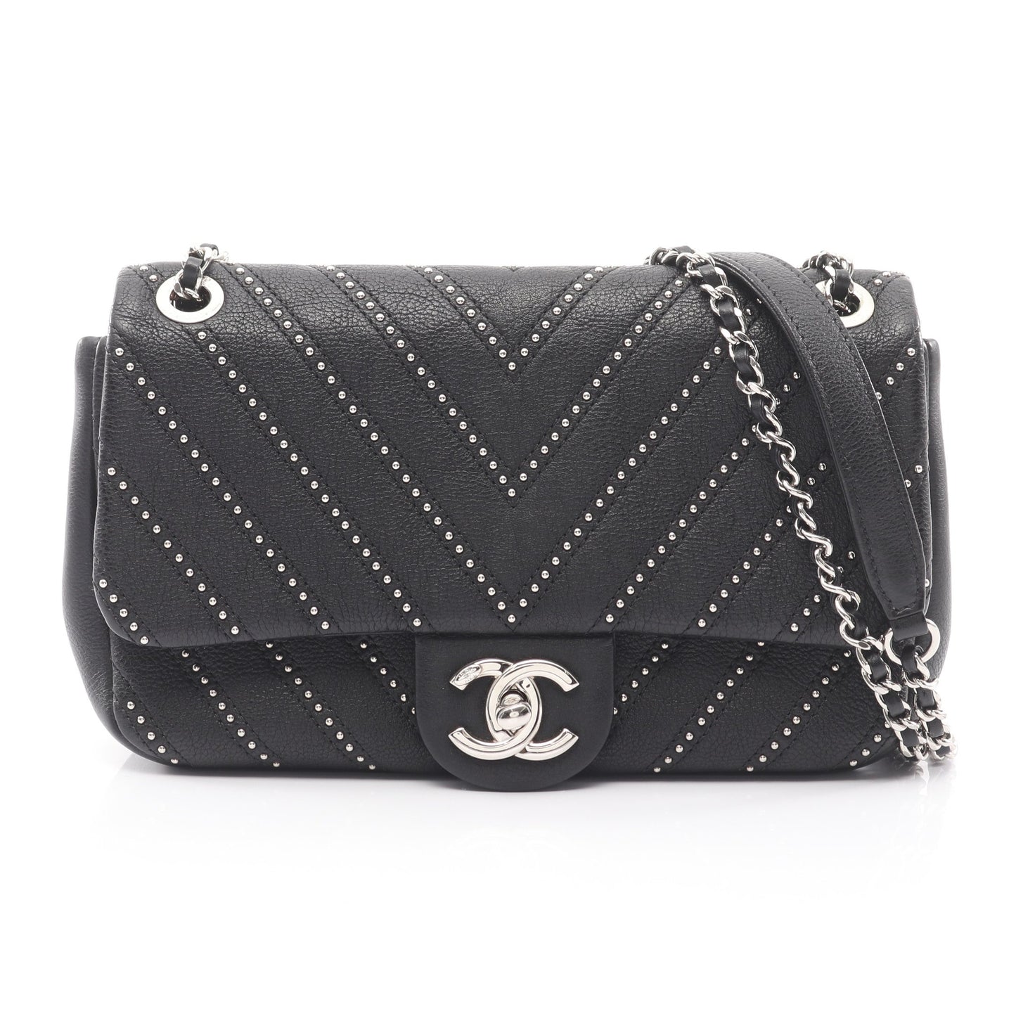 Vステッチ シェブロン チェーンショルダーバッグ スタッズ レザー ブラック シルバー金具 シャネル バッグ CHANEL