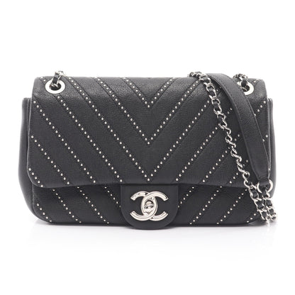 Vステッチ シェブロン チェーンショルダーバッグ スタッズ レザー ブラック シルバー金具 シャネル バッグ CHANEL
