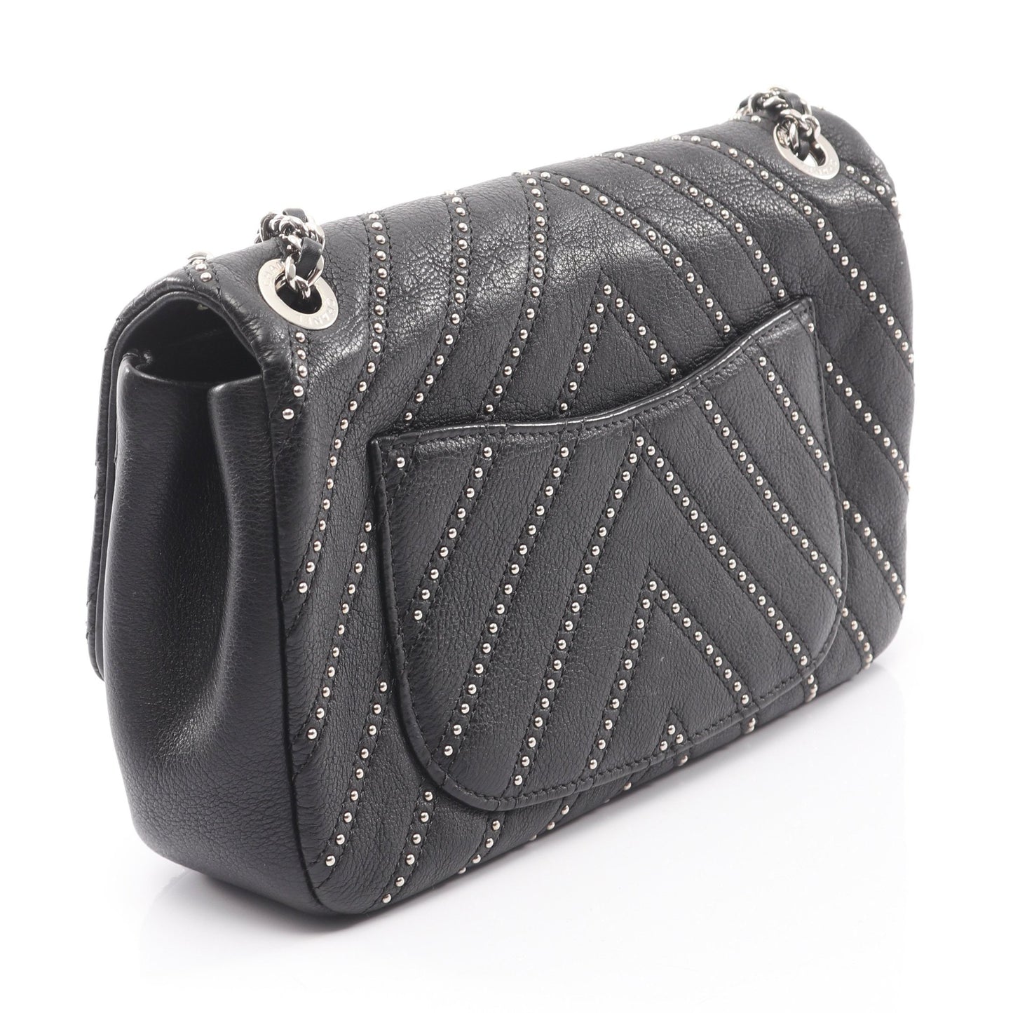 Vステッチ シェブロン チェーンショルダーバッグ スタッズ レザー ブラック シルバー金具 シャネル バッグ CHANEL