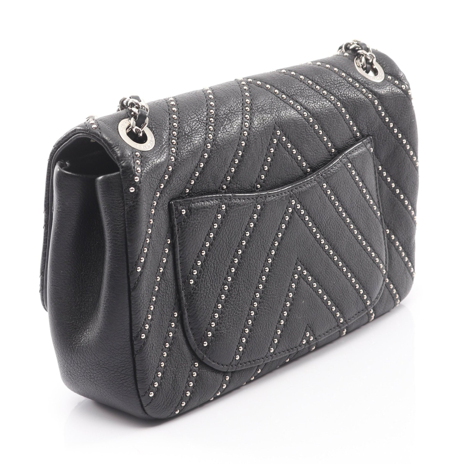 Vステッチ シェブロン チェーンショルダーバッグ スタッズ レザー ブラック シルバー金具 シャネル バッグ CHANEL