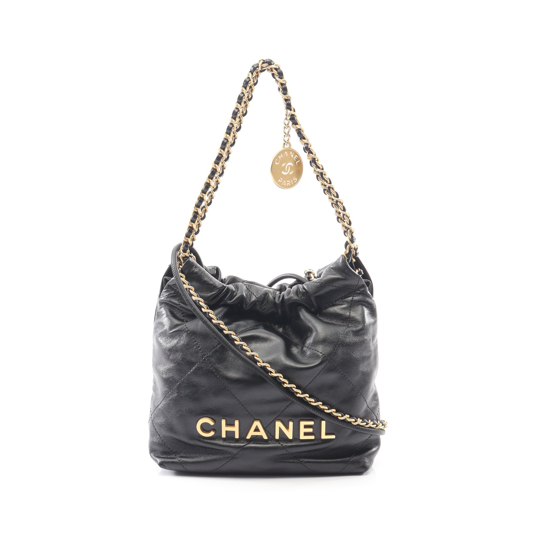 シャネル シャネル22 スモール チェーンレザーショルダーバッグ 中古 SB01 CHANEL 22 ミニ チェーンショルダーバッグ レザー ブラック ゴールド