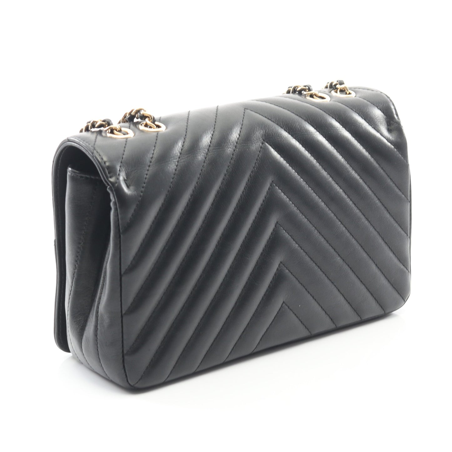シェブロン Vステッチ フルフラップ Wチェーンショルダーバッグ ラムスキン ブラック ゴールド金具 シャネル バッグ CHANEL