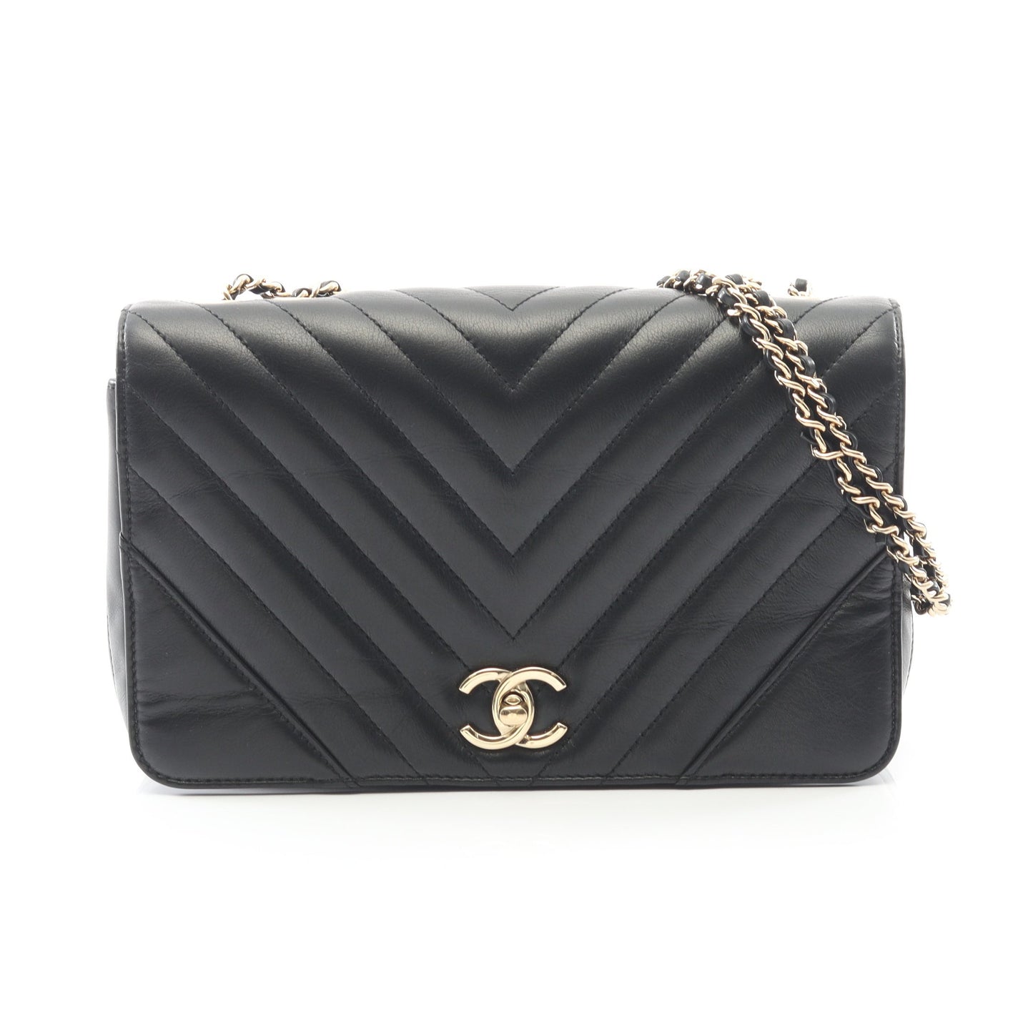 シェブロン Vステッチ フルフラップ Wチェーンショルダーバッグ ラムスキン ブラック ゴールド金具 シャネル バッグ CHANEL