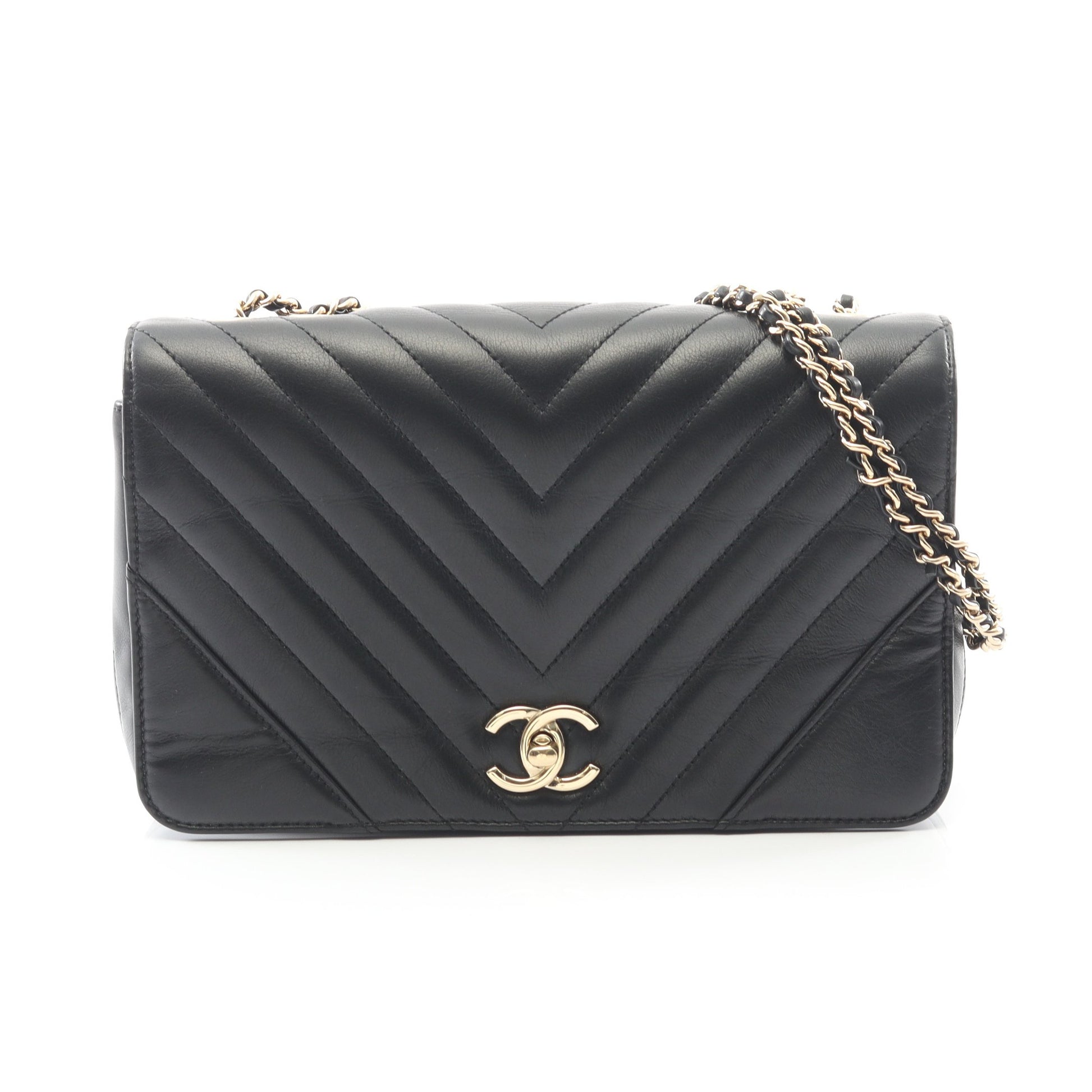 シェブロン Vステッチ フルフラップ Wチェーンショルダーバッグ ラムスキン ブラック ゴールド金具 シャネル バッグ CHANEL