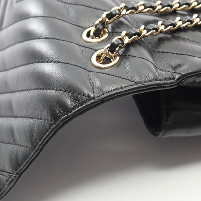 シェブロン Vステッチ フルフラップ Wチェーンショルダーバッグ ラムスキン ブラック ゴールド金具 シャネル バッグ CHANEL