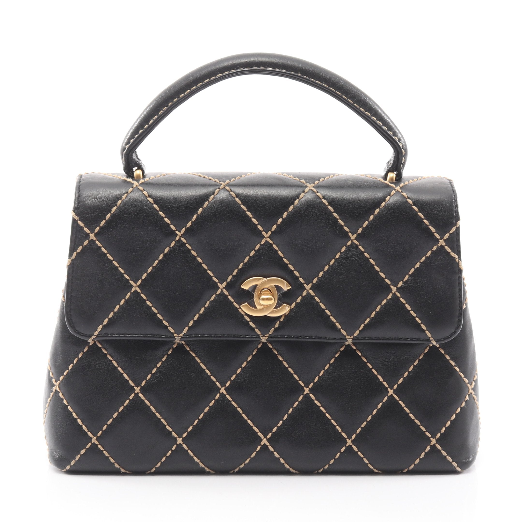 ワイルドステッチ トップハンドル ハンドバッグ レザー ブラック