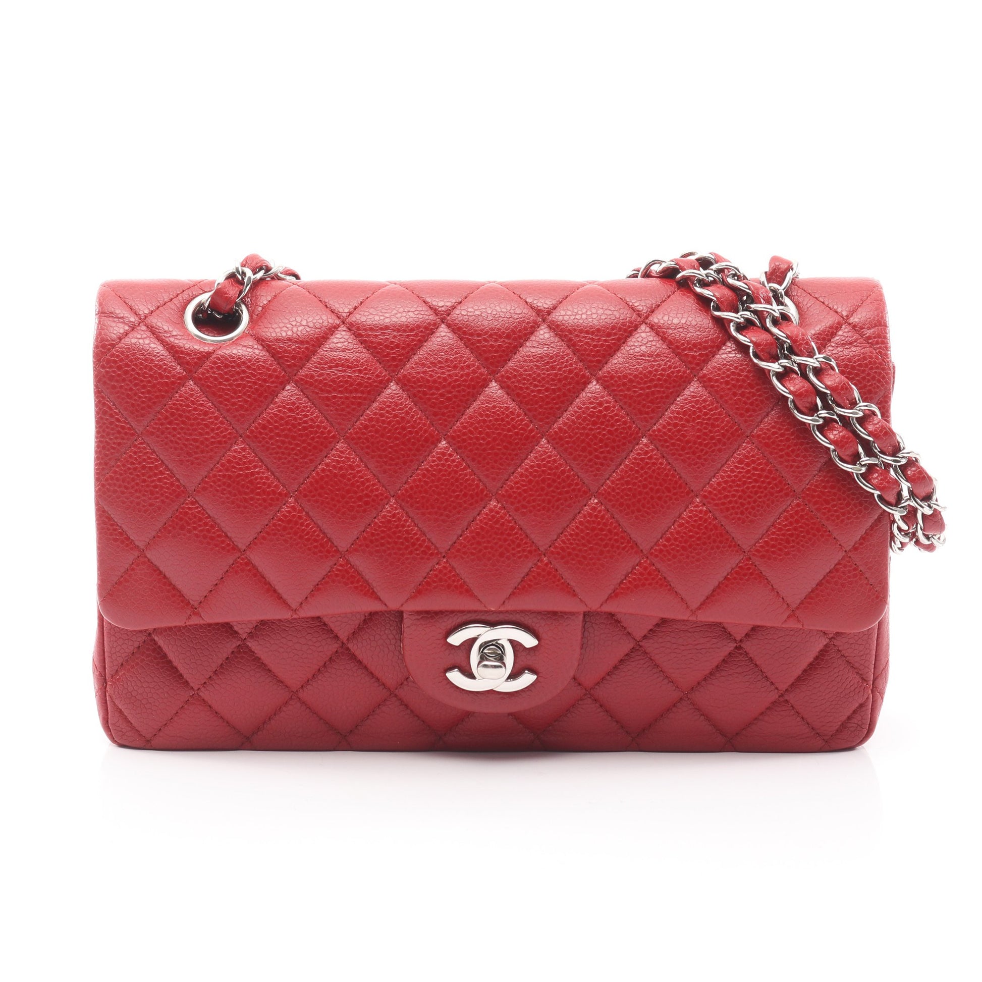マトラッセ Wフラップ Wチェーンショルダーバッグ キャビアスキン レッド シルバー金具 シャネル バッグ CHANEL