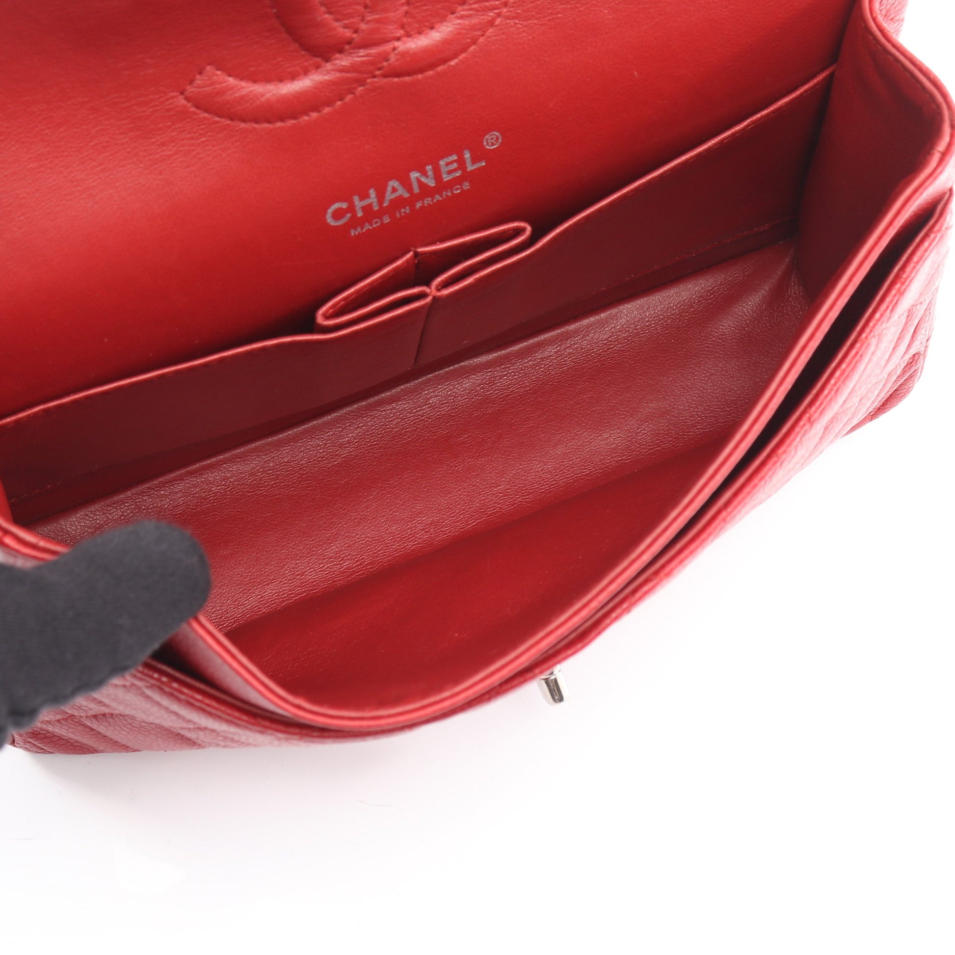 マトラッセ Wフラップ Wチェーンショルダーバッグ キャビアスキン レッド シルバー金具 シャネル バッグ CHANEL