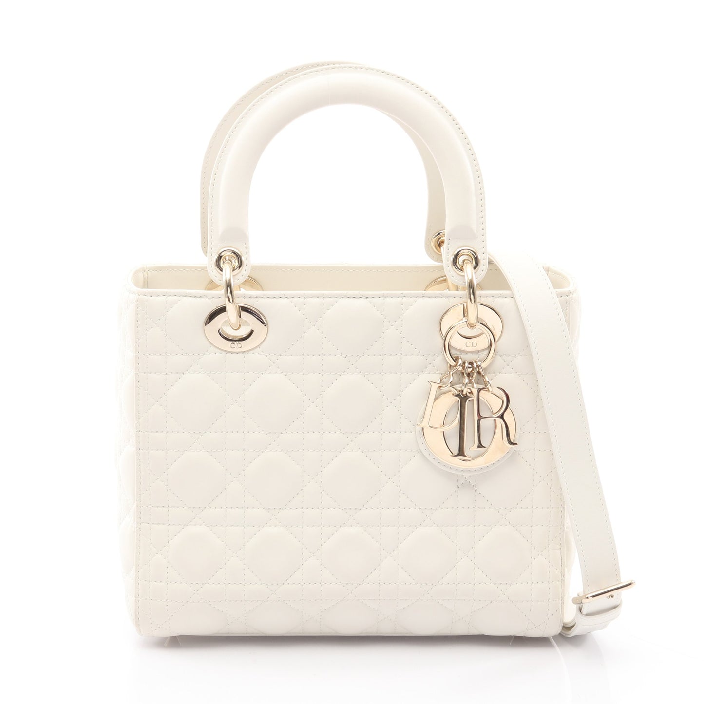 LADY DIOR ミディアムバッグ カナージュ ハンドバッグ レザー オフホワイト 2WAY クリスチャンディオール バッグ Christian Dior