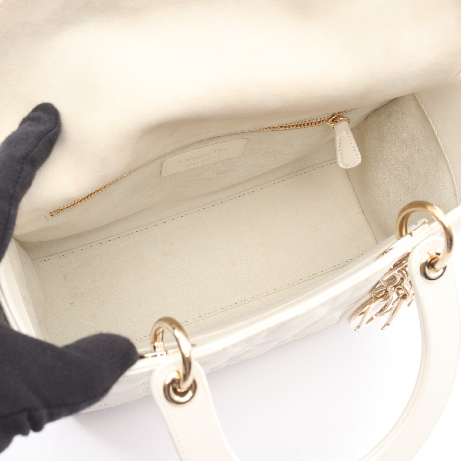 LADY DIOR ミディアムバッグ カナージュ ハンドバッグ レザー オフホワイト 2WAY クリスチャンディオール バッグ Christian Dior