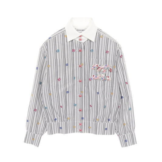 フラワーココマーク ストライプ シャツ ブラウス コットン ホワイト グレー シャネル