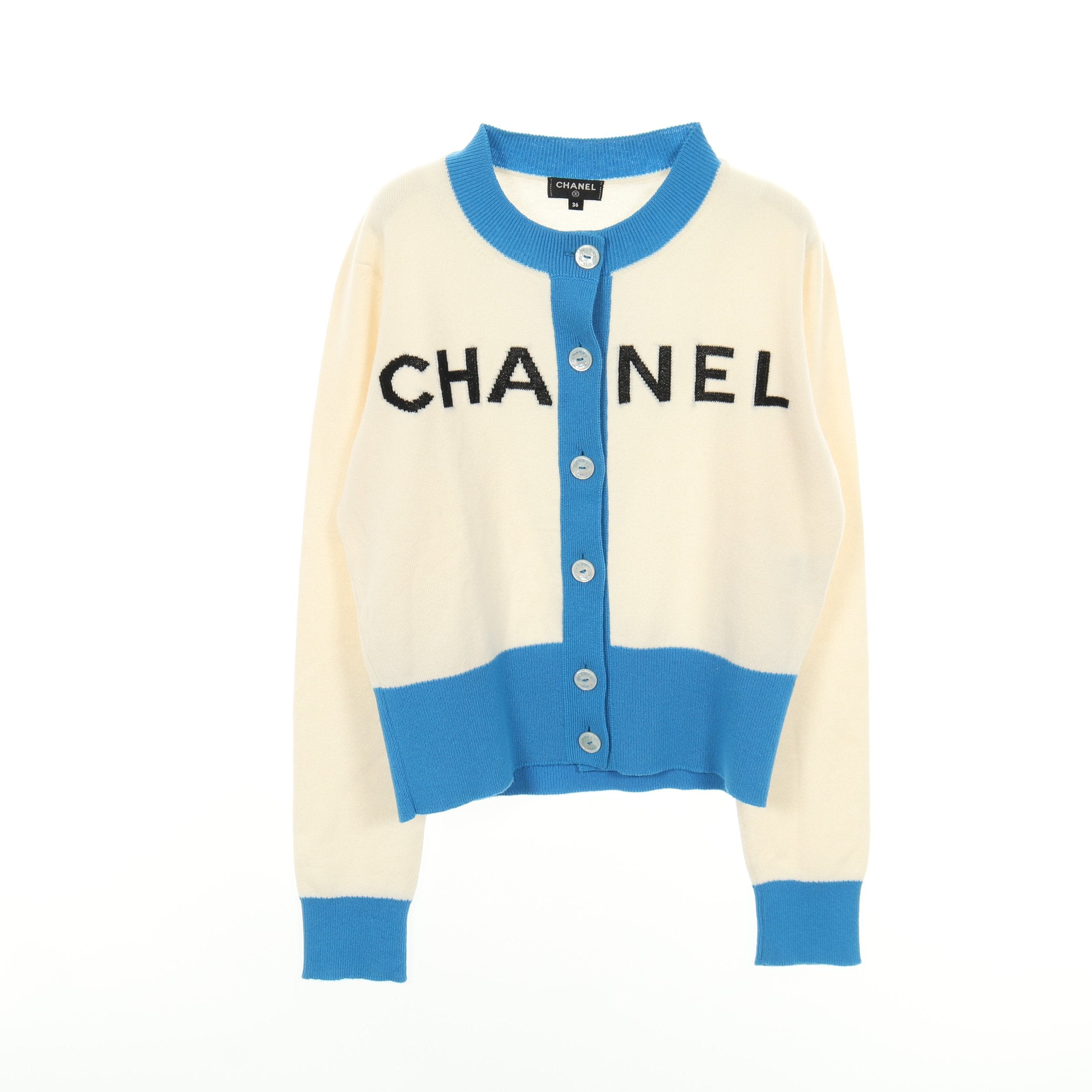 カーディガン ロゴ カシミヤ アイボリー ブルー シャネル – RECLO