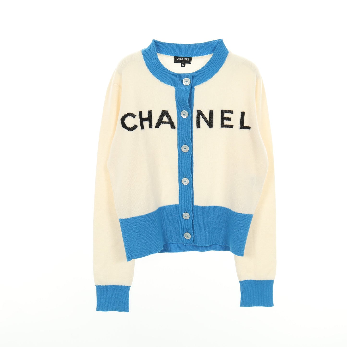 カーディガン ロゴ カシミヤ アイボリー ブルー シャネル トップス CHANEL