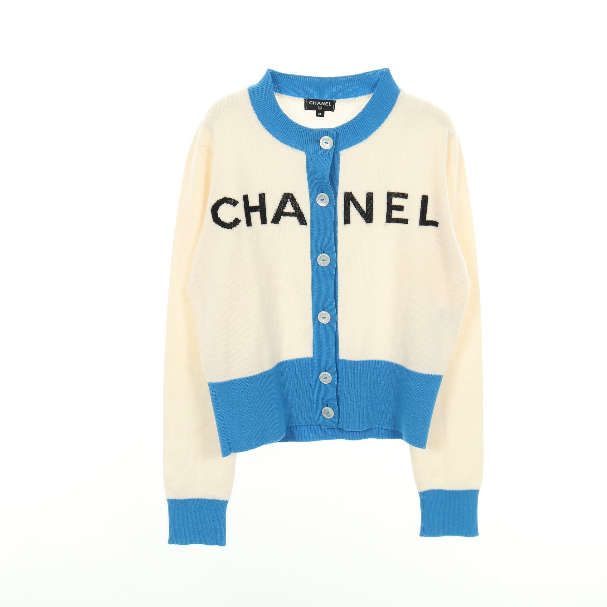 カーディガン ロゴ カシミヤ アイボリー ブルー シャネル トップス CHANEL